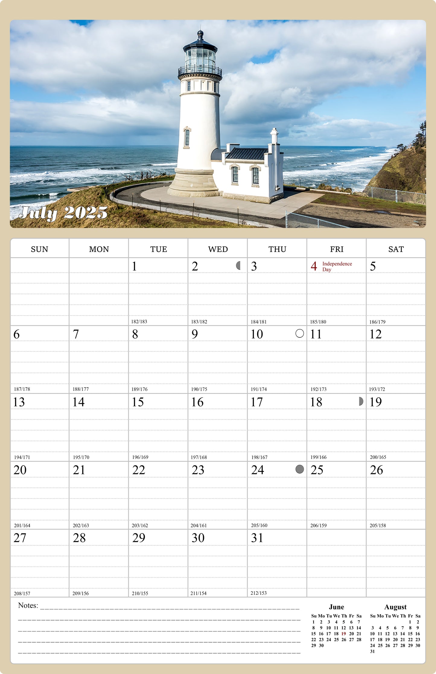 2025 - 2026 Wall Calendar Spiral-bound Twin-Wire Binding - 18 Months Planner - Large Ruled Blocks with Julian Dates - (Lighthouses)
