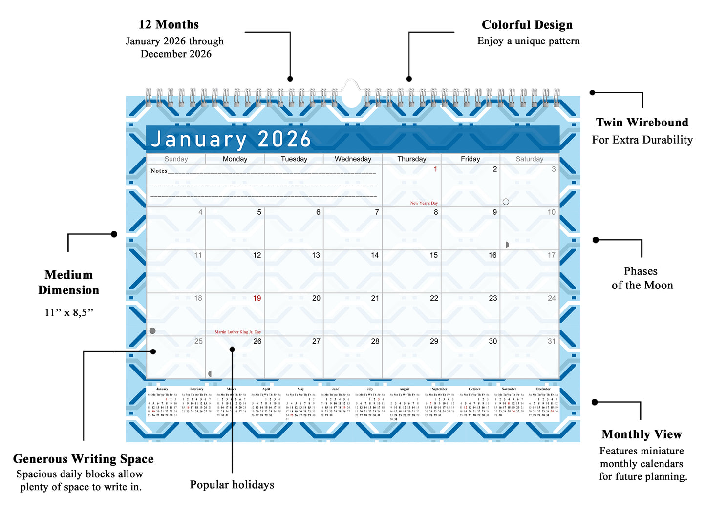 2025-2026 Monthly Spiral-Bound Wall / Desk Calendar - Desktop / Wall Blotter Calendar / Planner - (Edition #04)