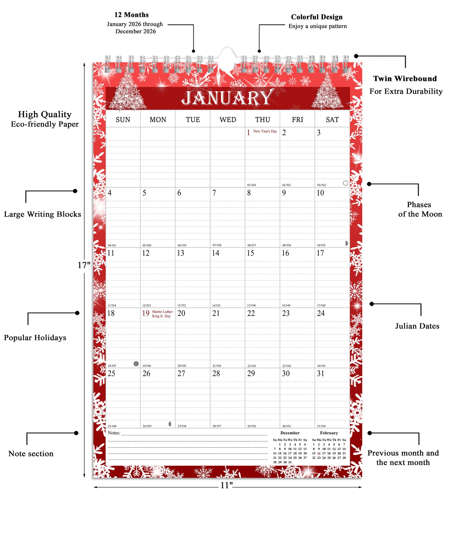 2026 Wall Calendar Spiral-Bound Twin-Wire Binding - 12 Months 12 (Holidays)