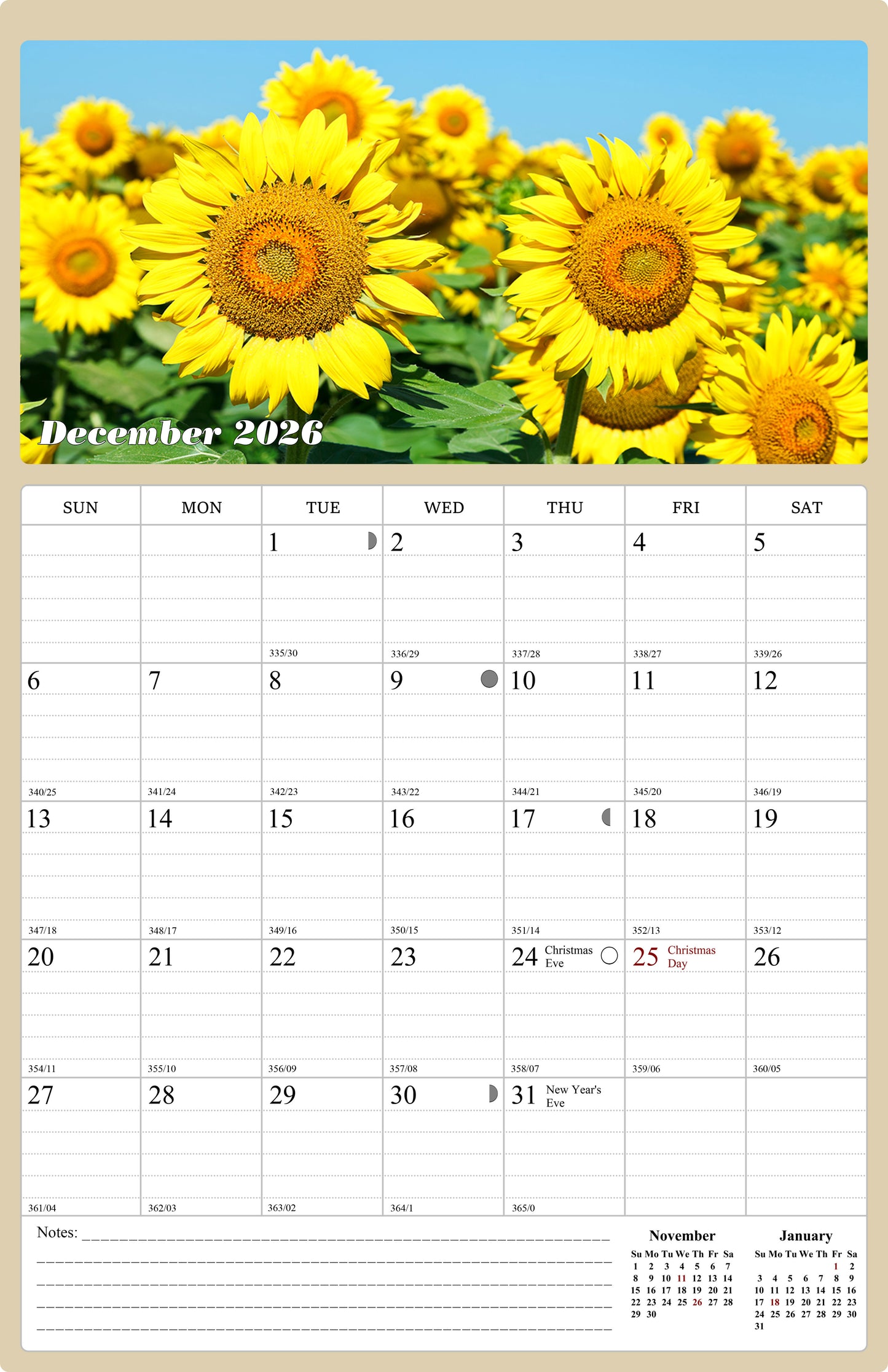 2025 - 2026 Wall Calendar Spiral-bound Twin - 18 Months (Sunflowers) 11" x 17"