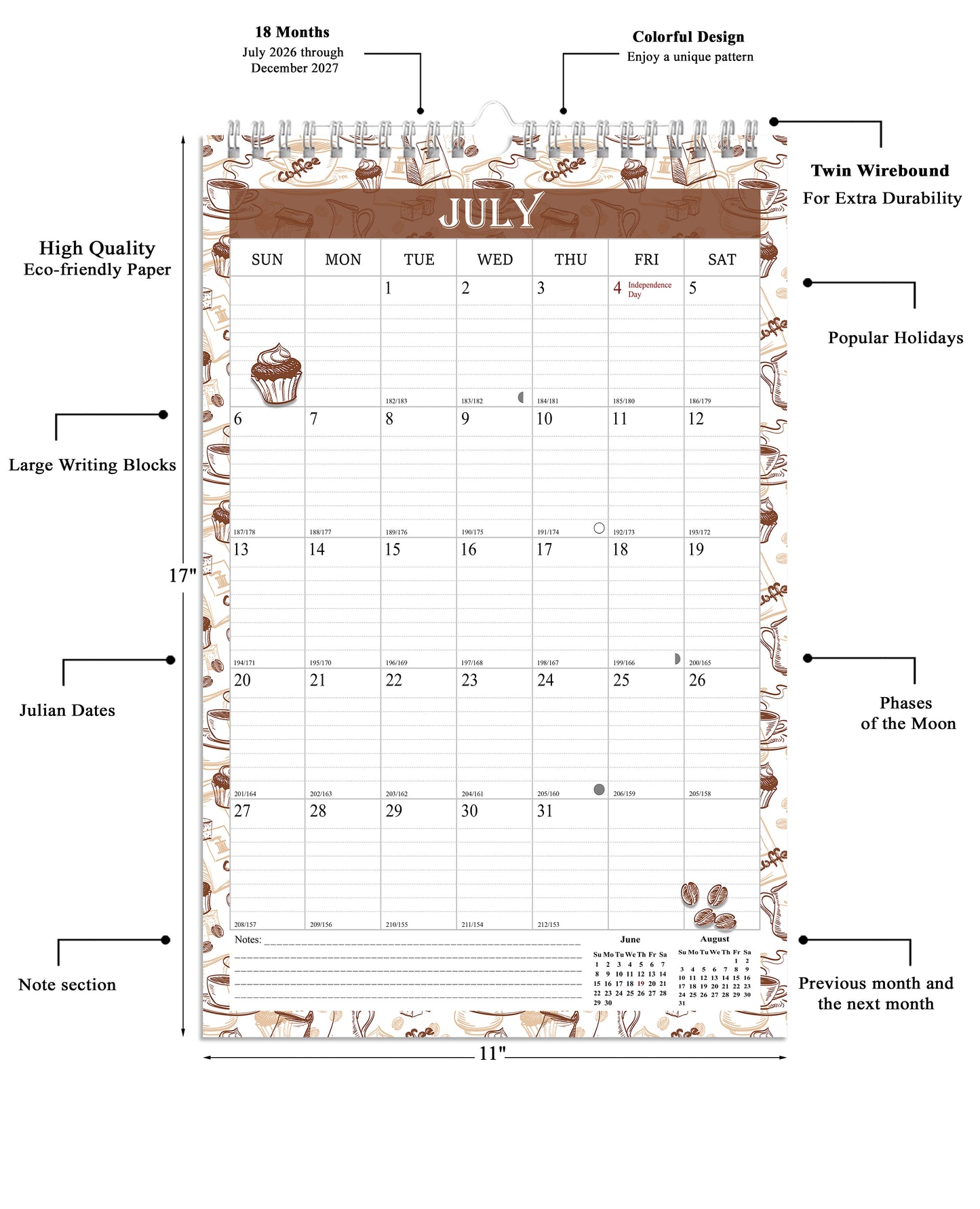 2026-2027 Wall Calendar Spiral-bound Twin-Wire Binding - 18 Months 11" x 17" 010