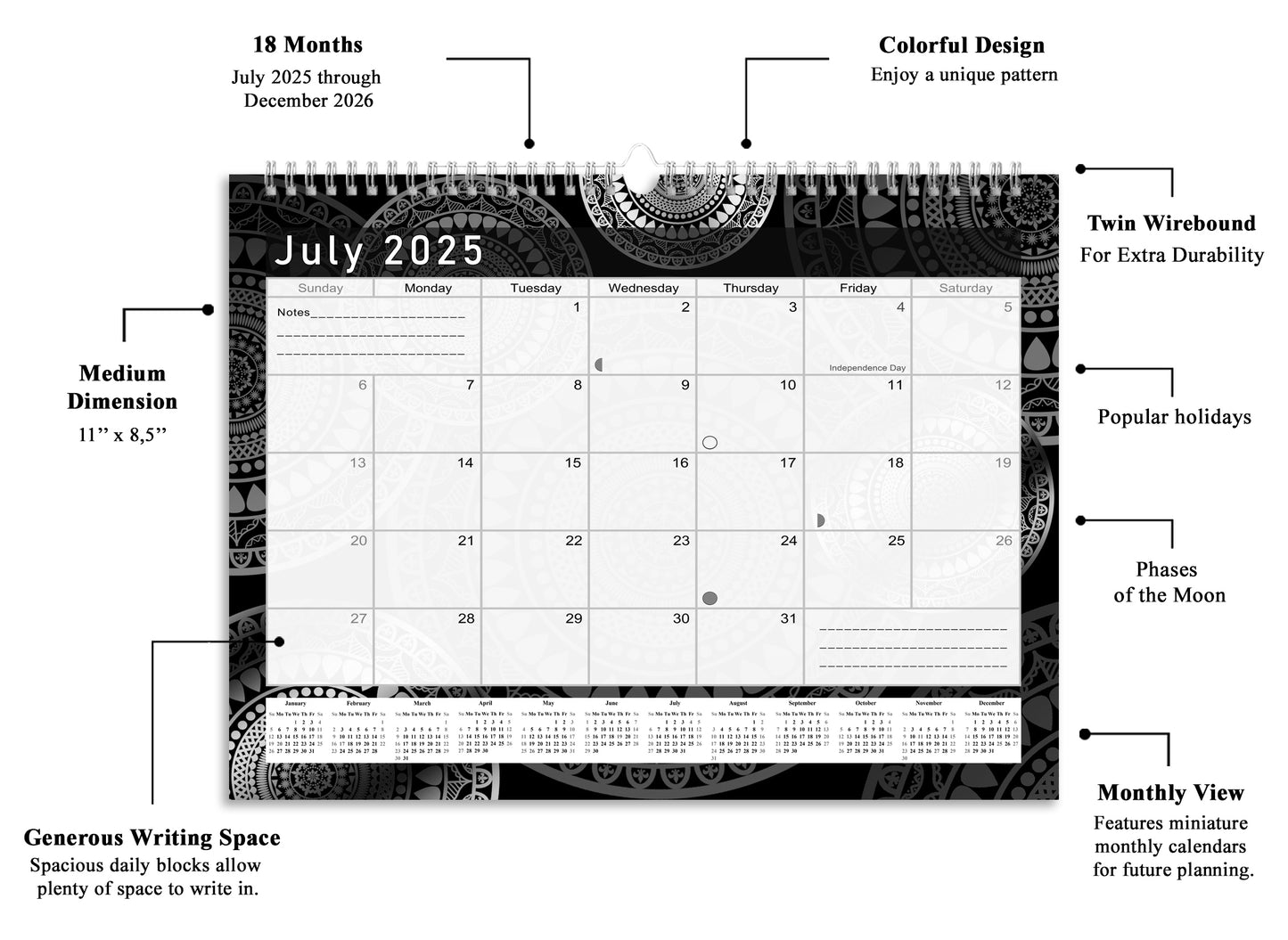 2025-2026 Monthly Spiral-Bound Wall/Desk Calendar - Desktop/Wall Blotter Calendar/Planner - (Edition B&W #012)