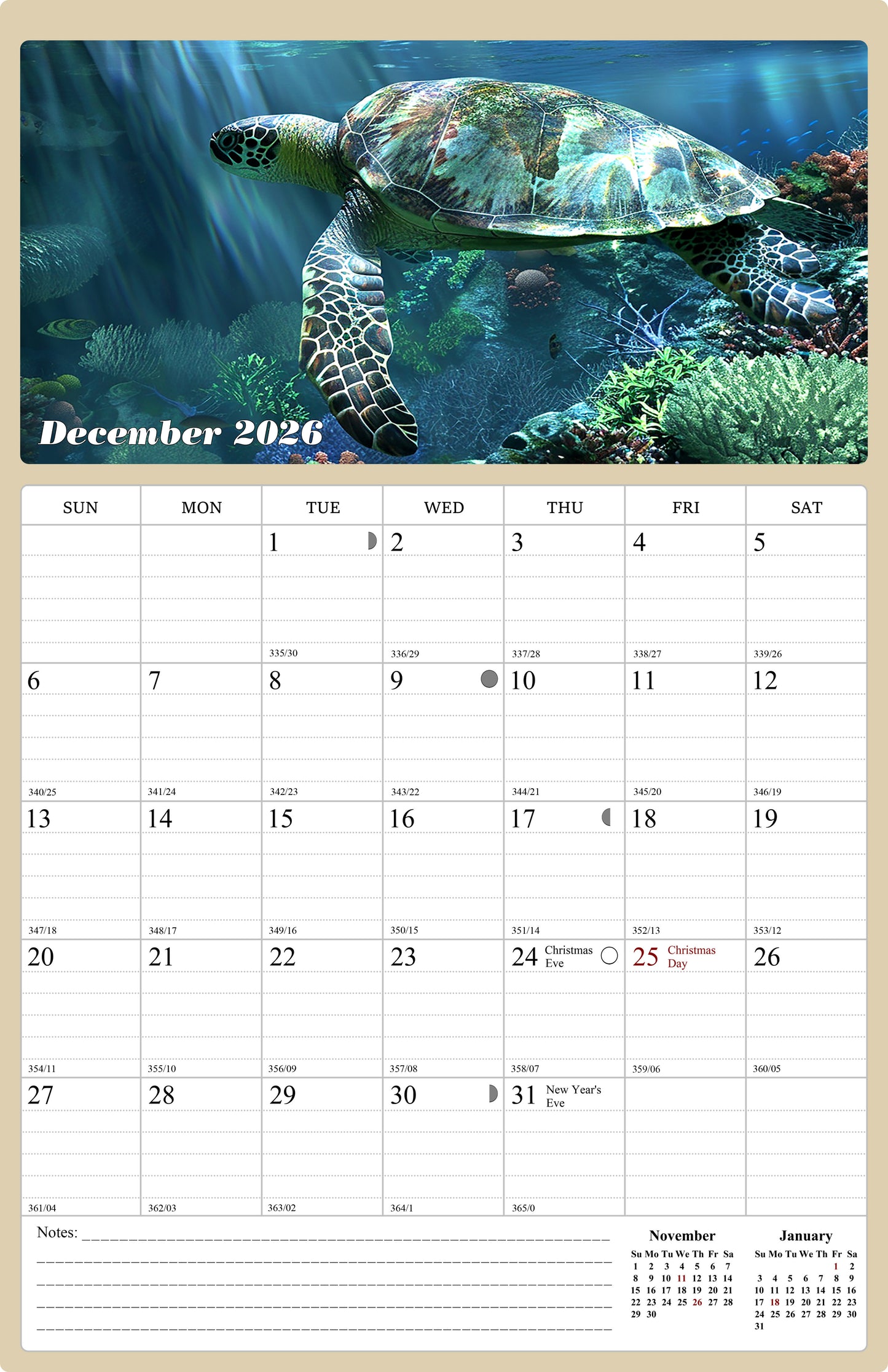 2025 - 2026 Wall Calendar Spiral-bound Twin - 18 Months (Turtles) 11" x 17"