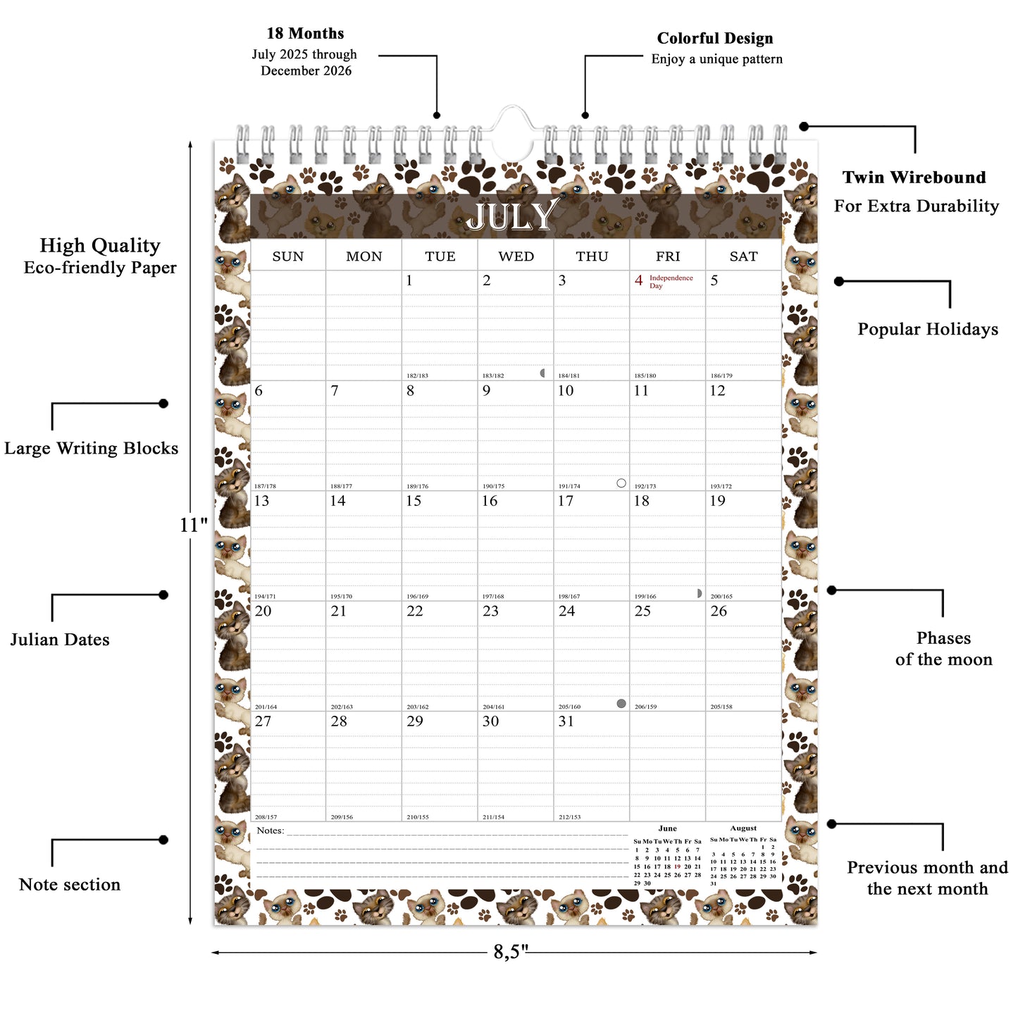 2025-2026 Wall Calendar Spiral-bound Twin-Wire Binding - 18 Months 8.5" x 11" 017