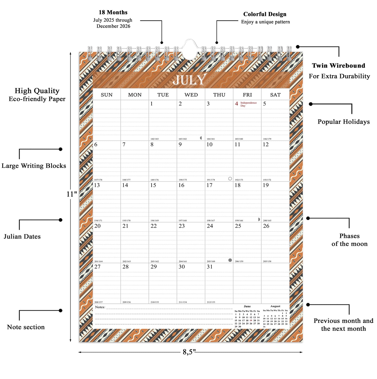 2025-2026 Wall Calendar Spiral-bound Twin-Wire Binding - 18 Months 8.5" x 11" 011
