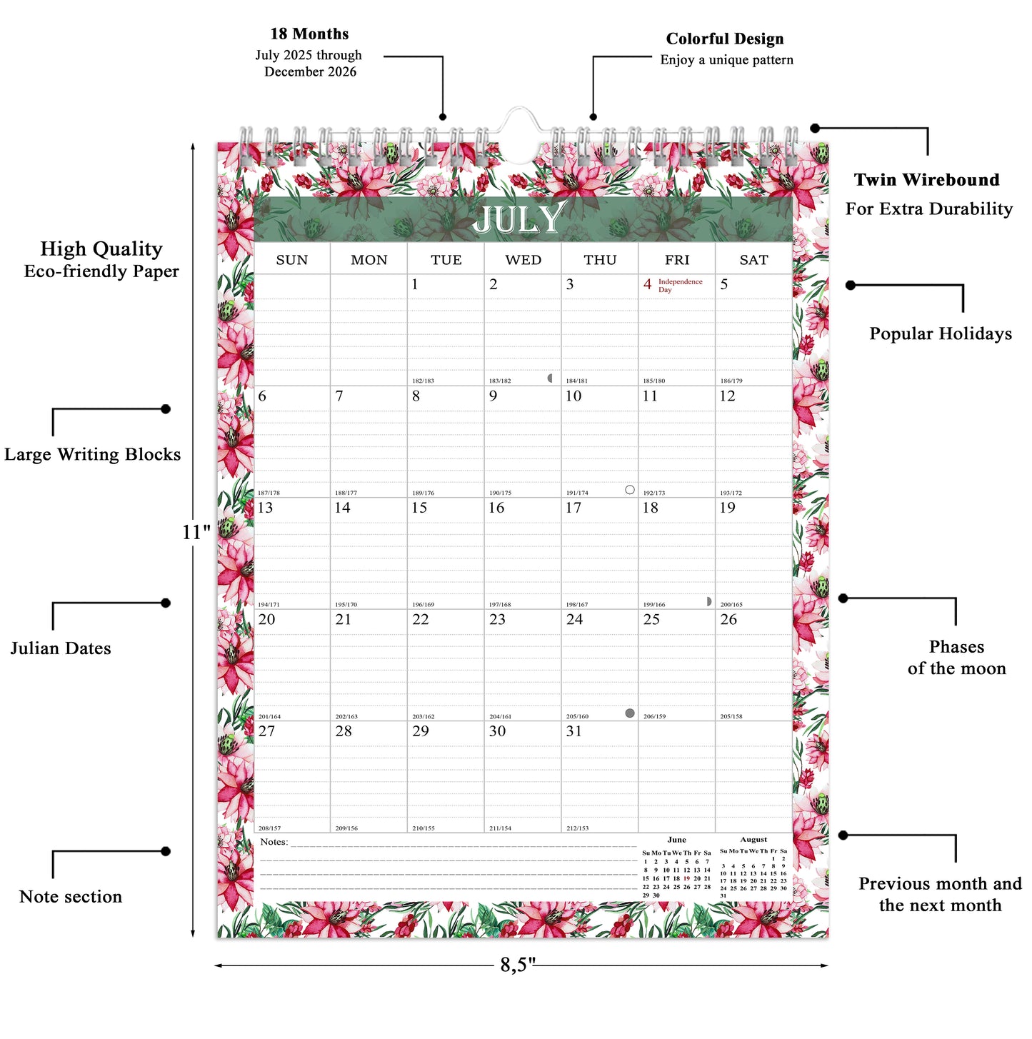 2025-2026 Wall Calendar Spiral-bound Twin-Wire Binding - 18 Months 8.5" x 11" 01