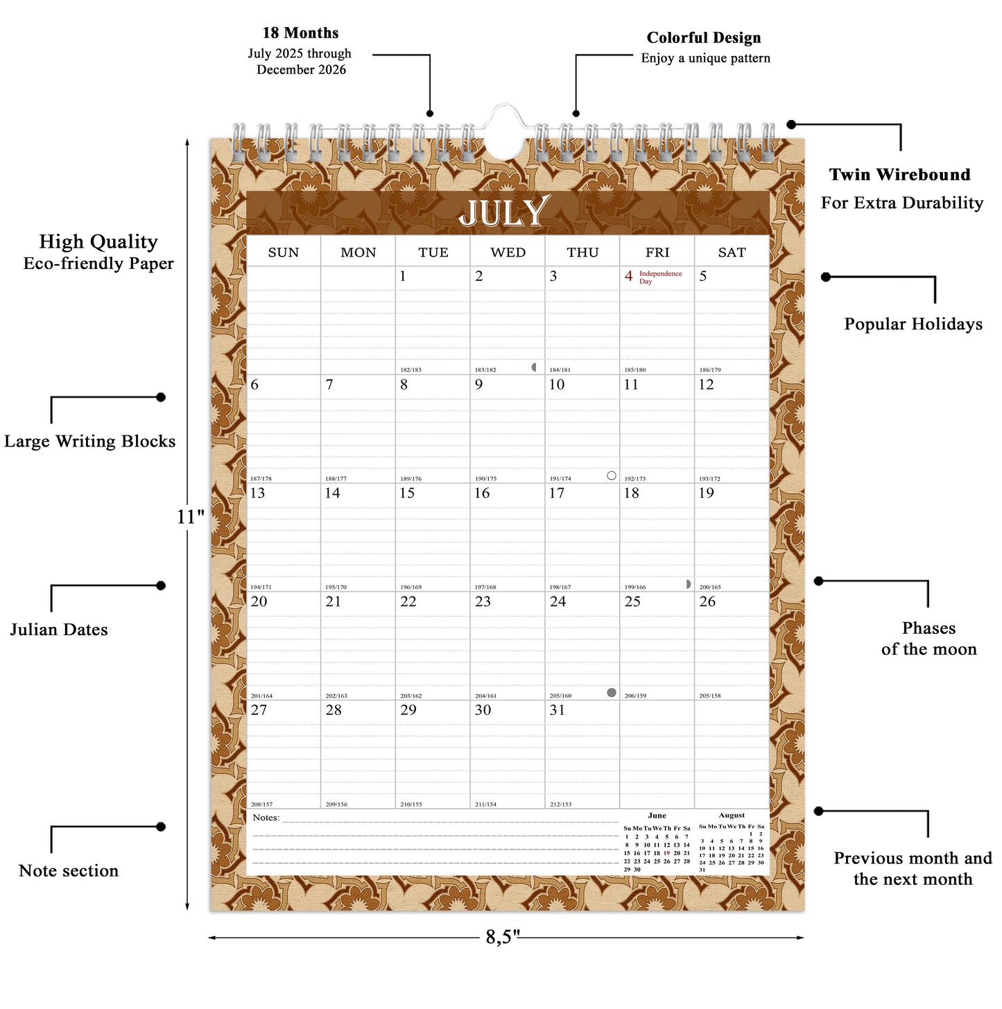 2025-2026 Wall Calendar Spiral-bound Twin-Wire Binding - 18 Months 8.5" x 11" 02