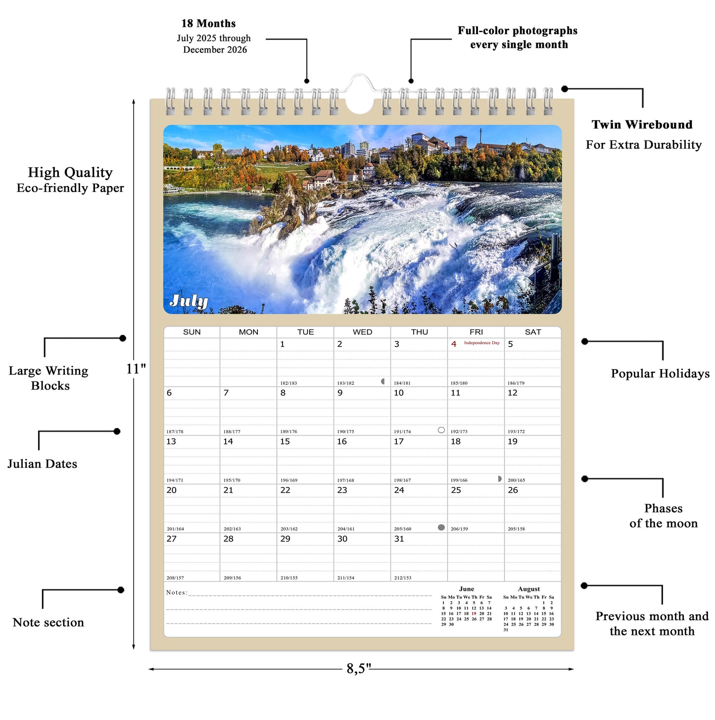 2025 - 2026 Wall Calendar Spiral-bound Twin-Wire Binding - 18 Months Planner - Large Ruled Blocks with Julian Dates - (Waterfalls)