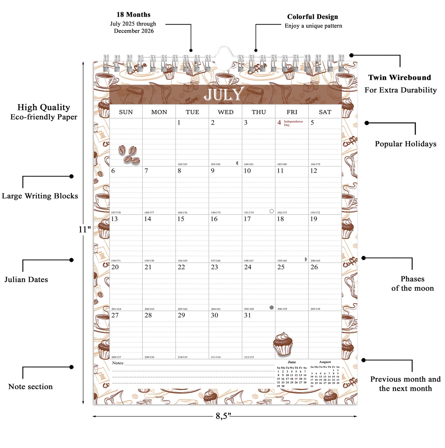 2025-2026 Wall Calendar Spiral-bound Twin-Wire Binding - 18 Months 8.5" x 11" 010