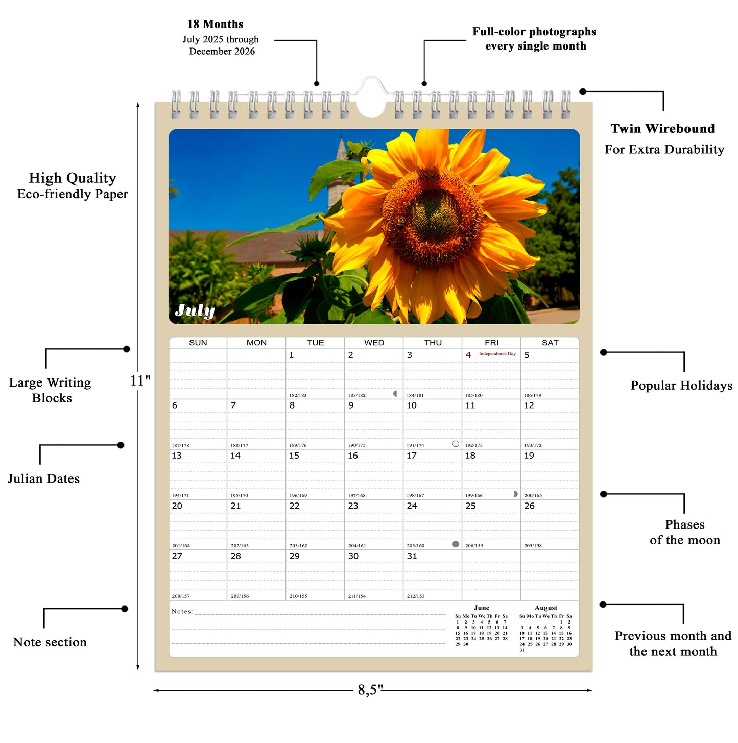 2025 - 2026 Wall Calendar Spiral-bound Twin-Wire Binding - 18 Months Planner - Large Ruled Blocks with Julian Dates - (Sunflowers)