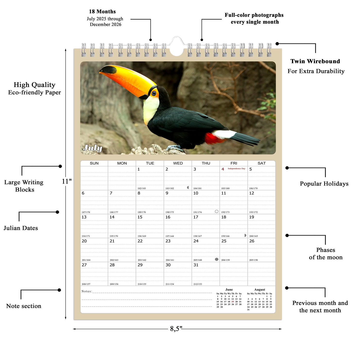 2025 - 2026 Wall Calendar Spiral-bound Twin-Wire Binding - 18 Months Planner - Large Ruled Blocks with Julian Dates - (Birds)