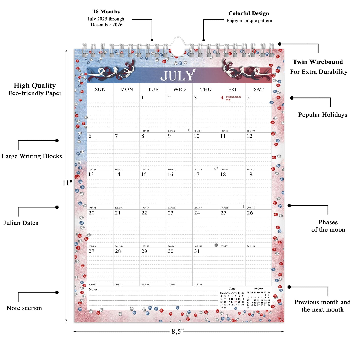 2025-2026 Wall Calendar Spiral-bound Twin-Wire Binding - 18 Months 8.5" x 11" 012