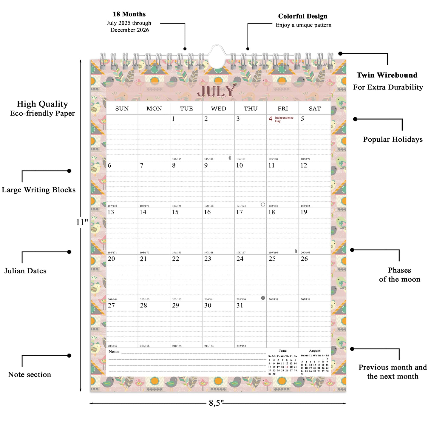 2025-2026 Wall Calendar Spiral-bound Twin-Wire Binding - 18 Months 8.5" x 11" 016