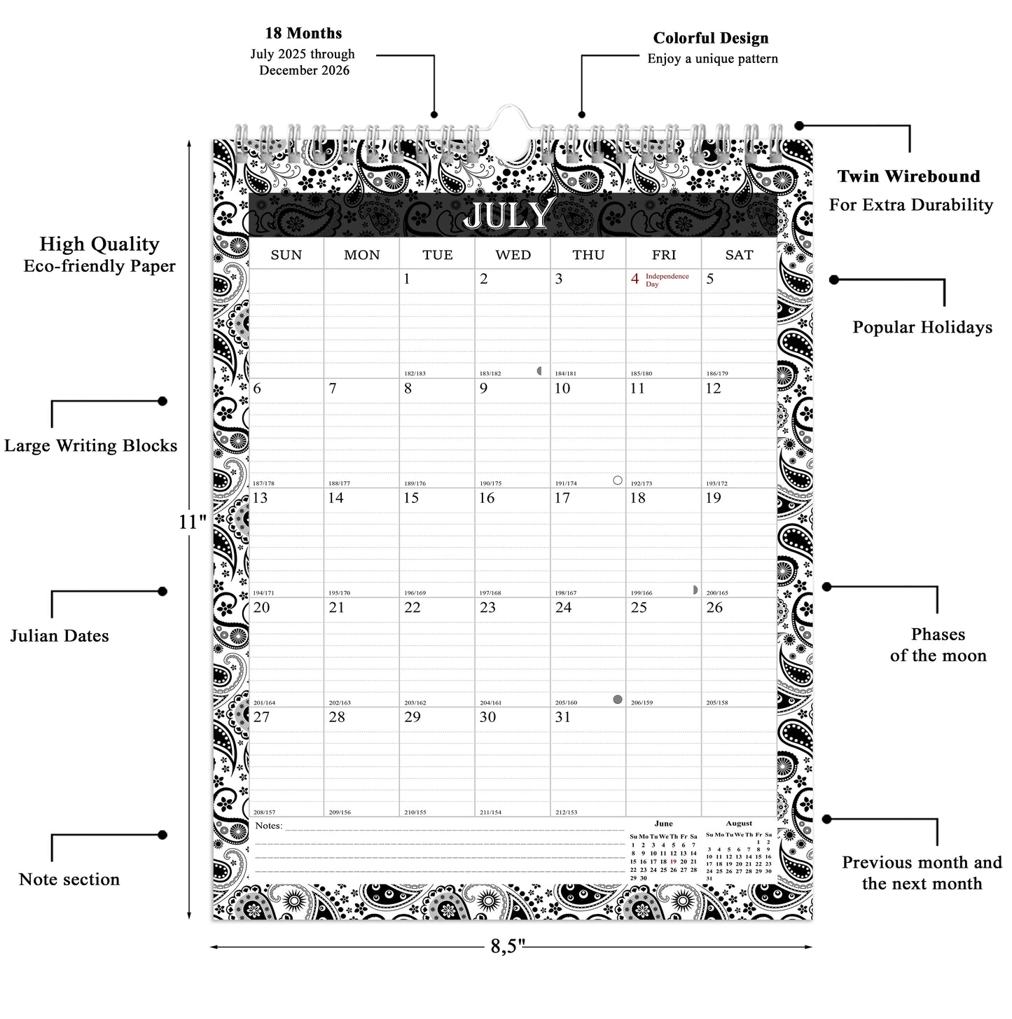 2025-2026 Wall Calendar Spiral-bound Twin-Wire Binding - 18 Months 8.5" x 11" 06