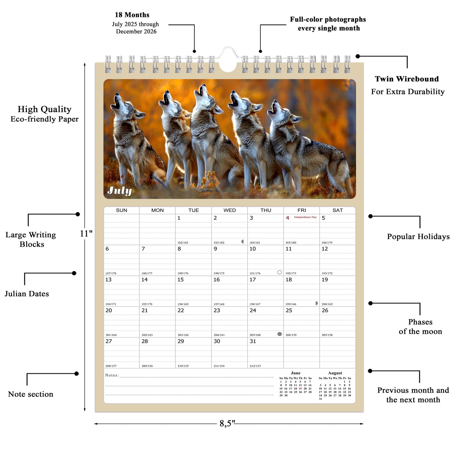2025-2026 Wall Calendar Spiral-bound Twin-Wire Binding - 18 Months Planner - Large Ruled Blocks with Julian Dates - (Woolfs)