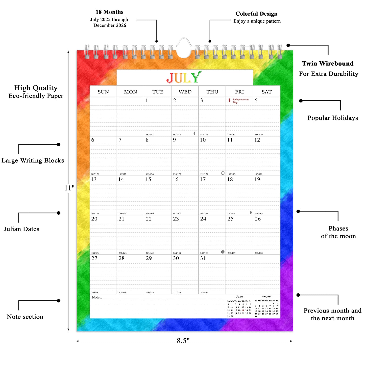 2025-2026 Wall Calendar Spiral-bound Twin-Wire Binding - 18 Months 8.5" x 11" 07