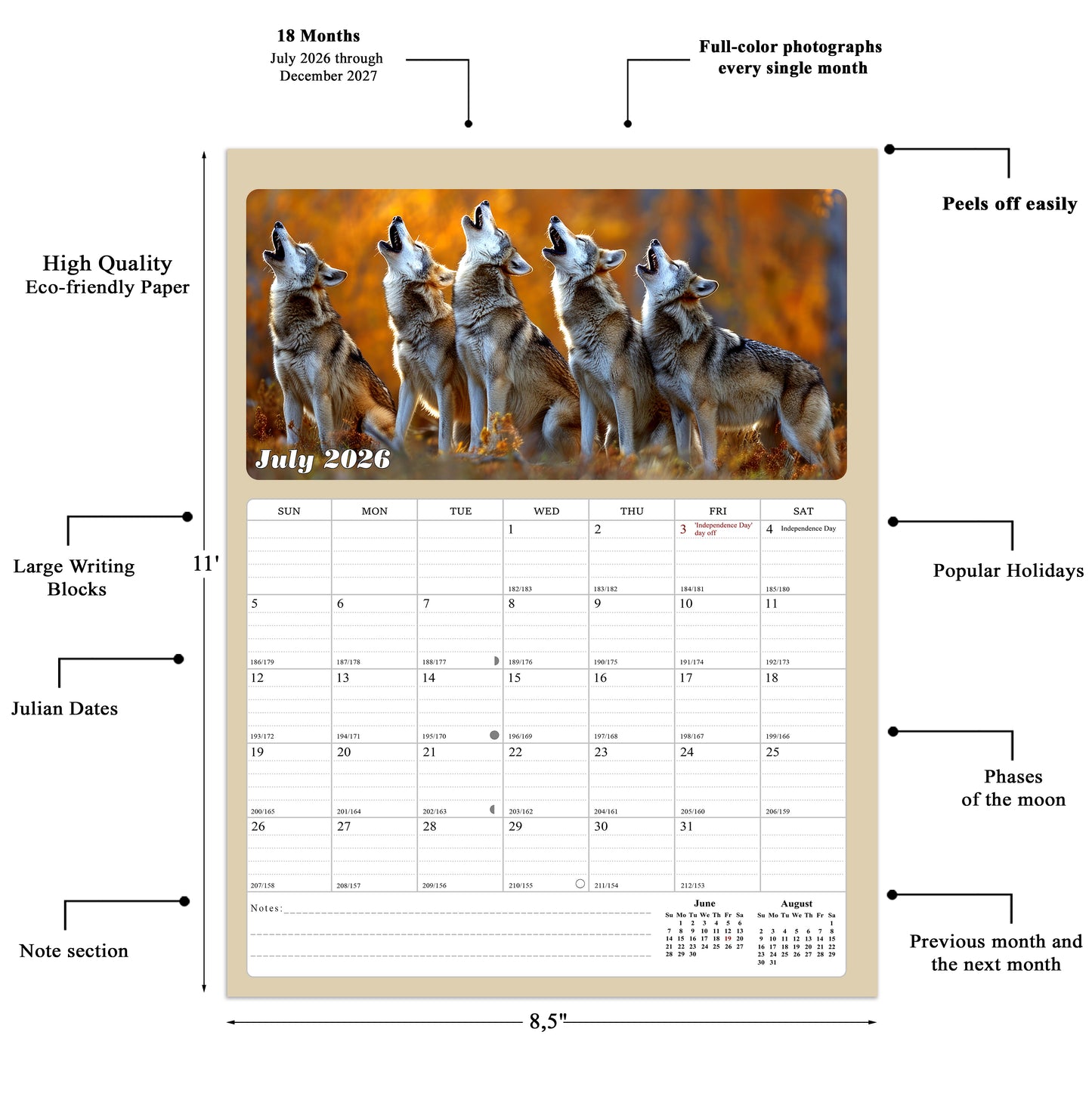 2026 - 2027 Calendar Magnetic Peel & Stick 18 Months 8.5" x 11" Woolfs