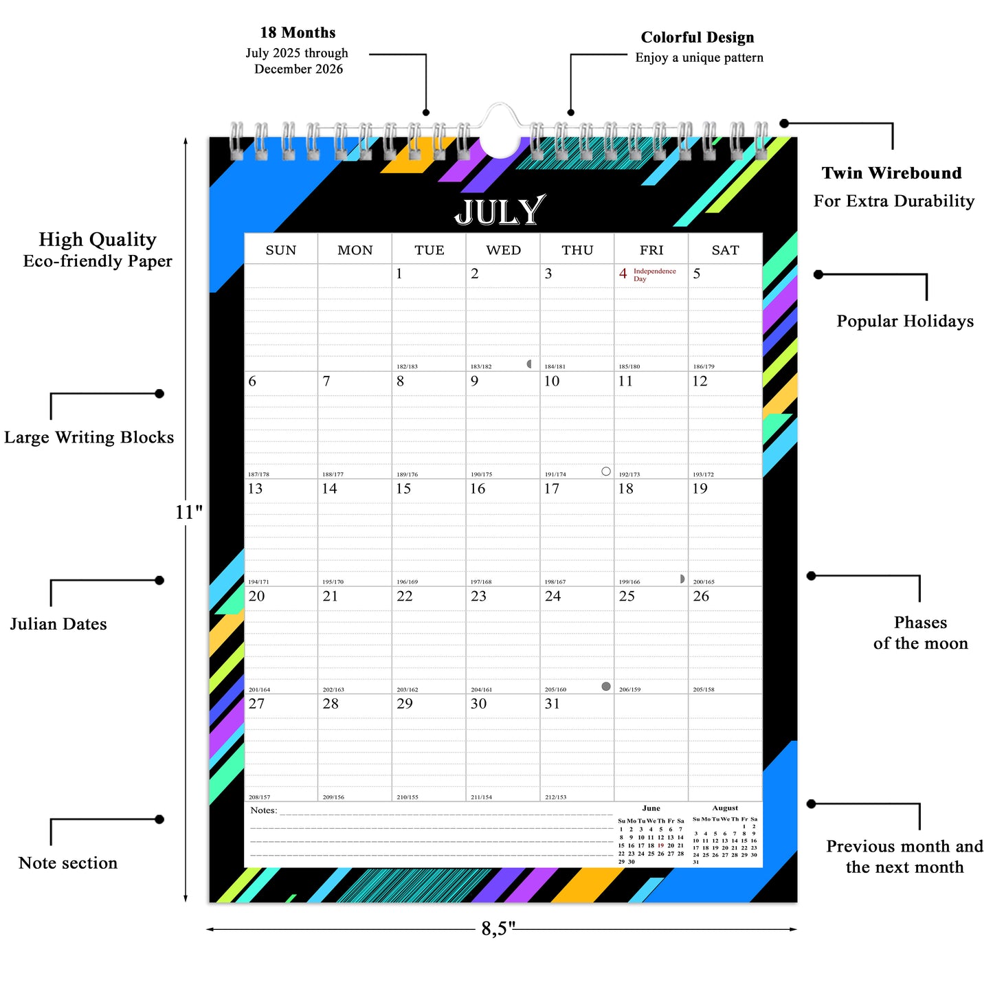 2025-2026 Wall Calendar Spiral-bound Twin-Wire Binding - 18 Months 8.5" x 11" 08