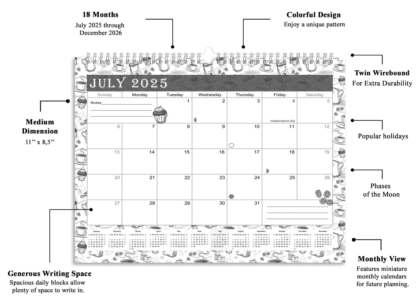 2025-2026 Monthly Spiral-Bound Wall/Desk Calendar - Desktop/Wall Blotter Calendar/Planner - (Edition B&W #030)