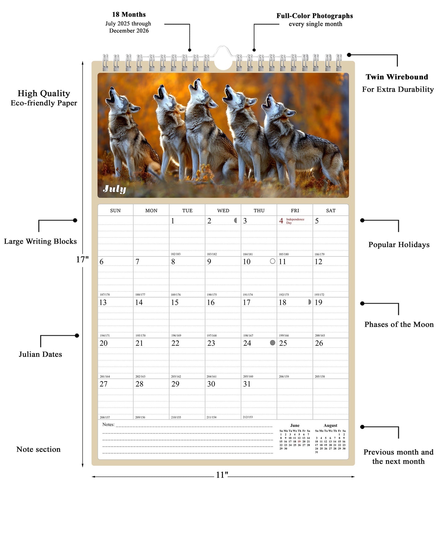 2026 Wall Calendar Spiral-bound Twin-Wire Binding - 12 Months Planner - Large Ruled Blocks with Julian Dates - (Woolfs)