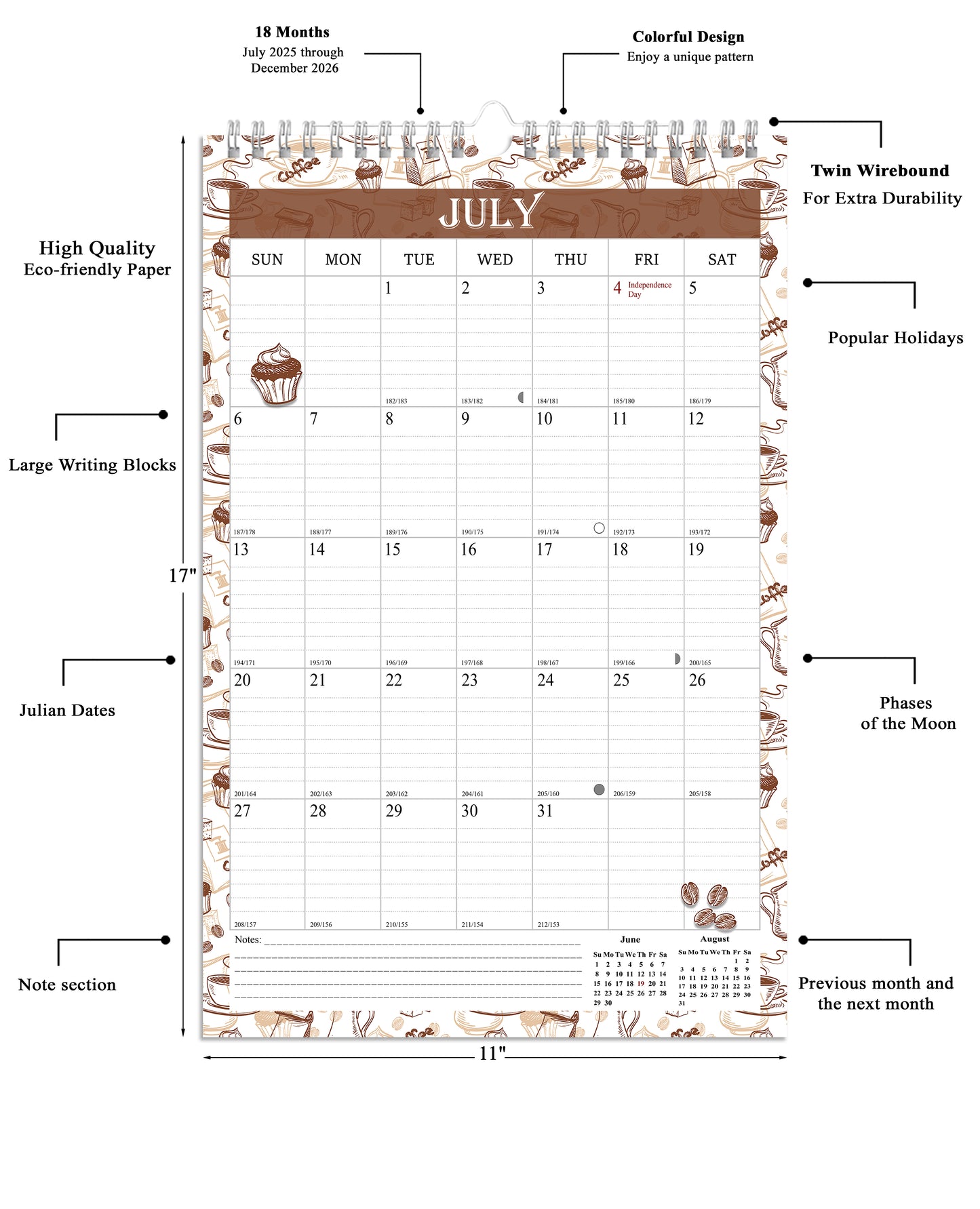 2025-2026 Wall Calendar Spiral-bound Twin-Wire Binding - 18 Months 11" x 17" 010