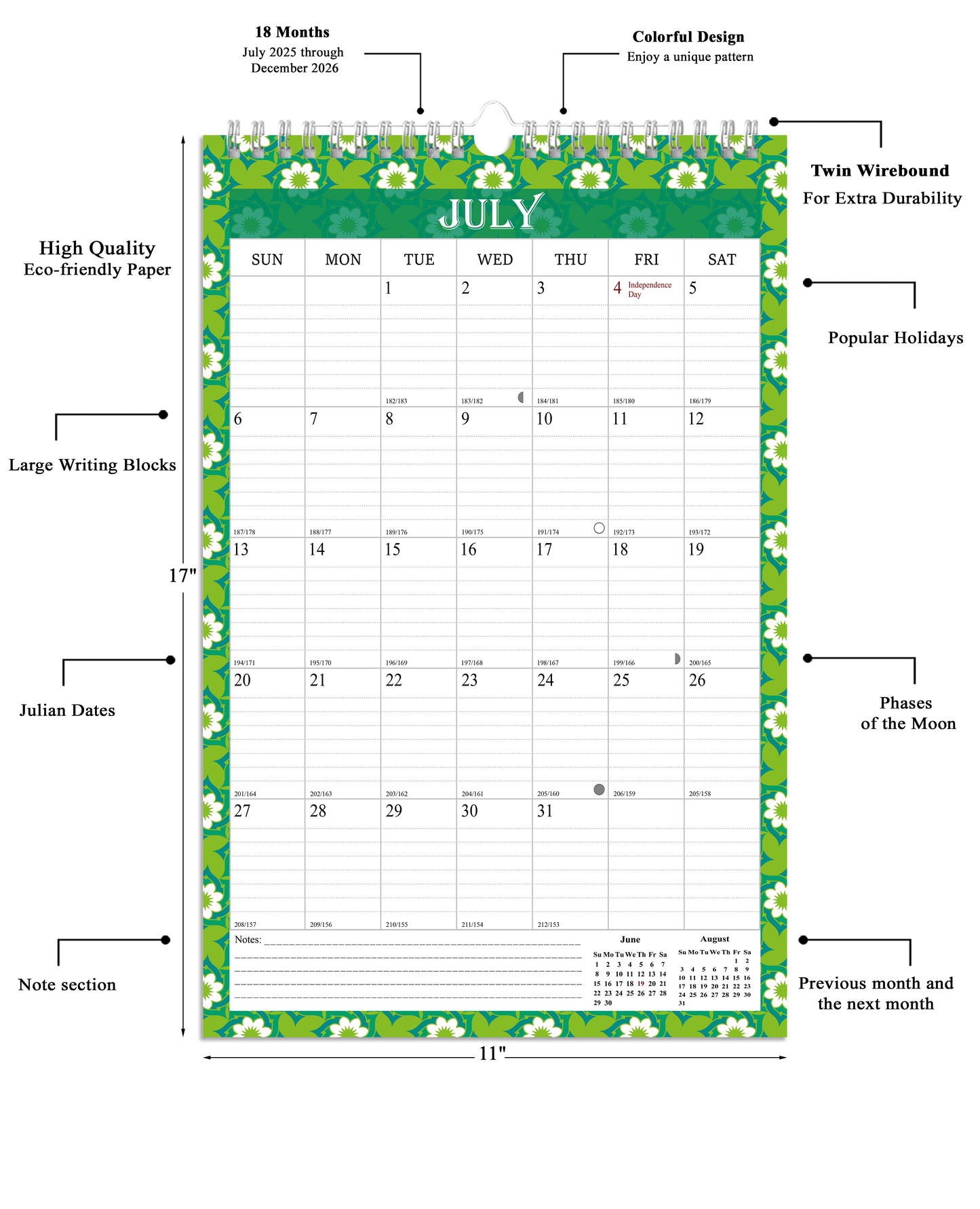 2025-2026 Wall Calendar Spiral-bound Twin-Wire Binding - 18 Months 11" x 17" 013