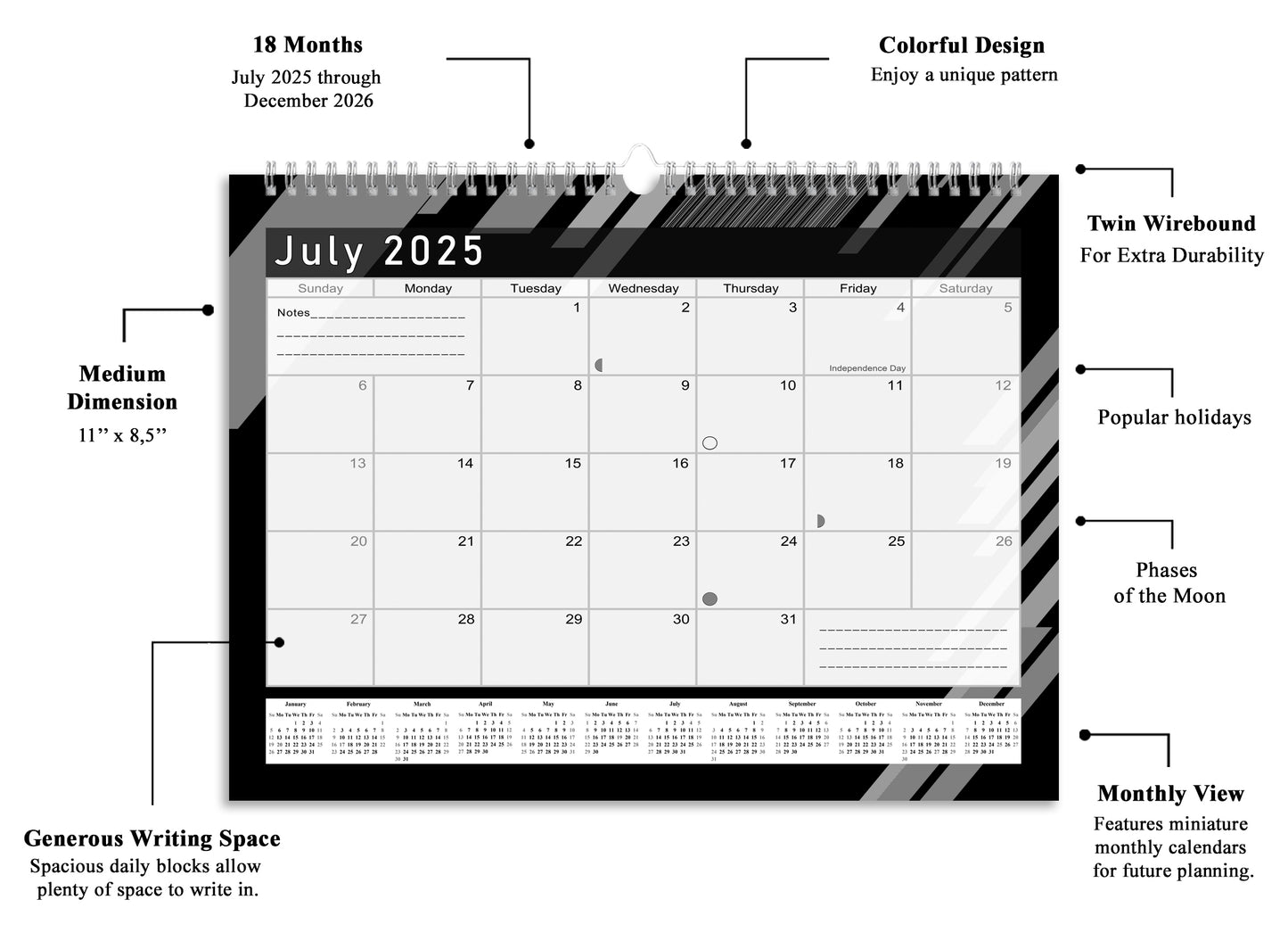 2025-2026 Monthly Spiral-Bound Wall/Desk Calendar - Desktop/Wall Blotter Calendar/Planner - (Edition B&W #013)