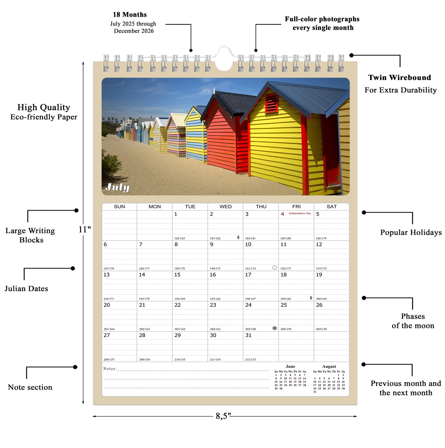 2025 - 2026 Wall Calendar Spiral-bound Twin-Wire Binding - 18 Months Planner - Large Ruled Blocks with Julian Dates - (Beaches)