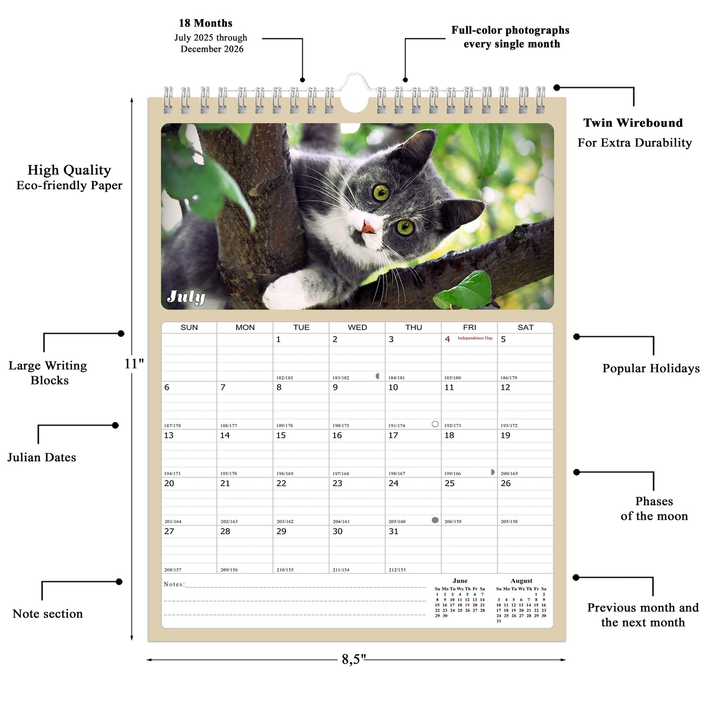 2025 - 2026 Wall Calendar Spiral-bound Twin-Wire Binding - 18 Months Planner - Large Ruled Blocks with Julian Dates - (Cats)