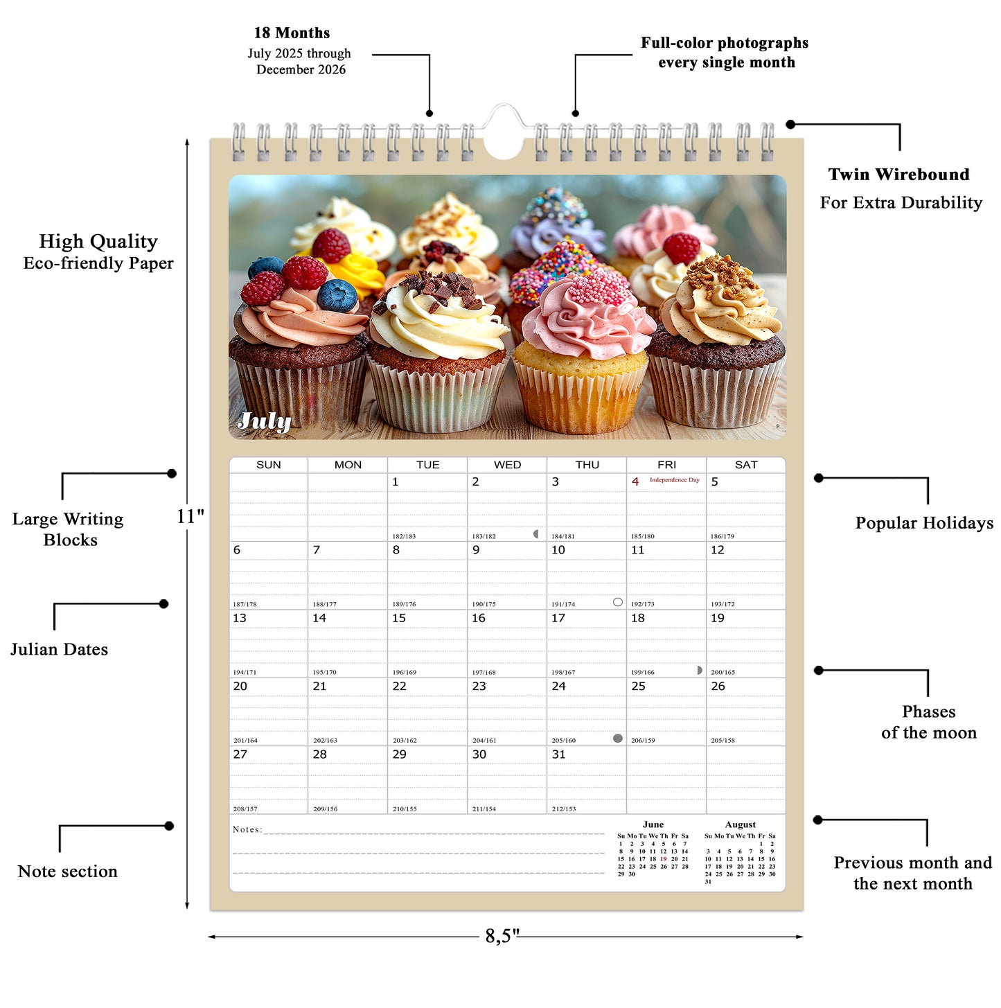 2025 - 2026 Wall Calendar Spiral-bound Twin-Wire Binding - 18 Months Planner - Large Ruled Blocks with Julian Dates - (Cupcakes)