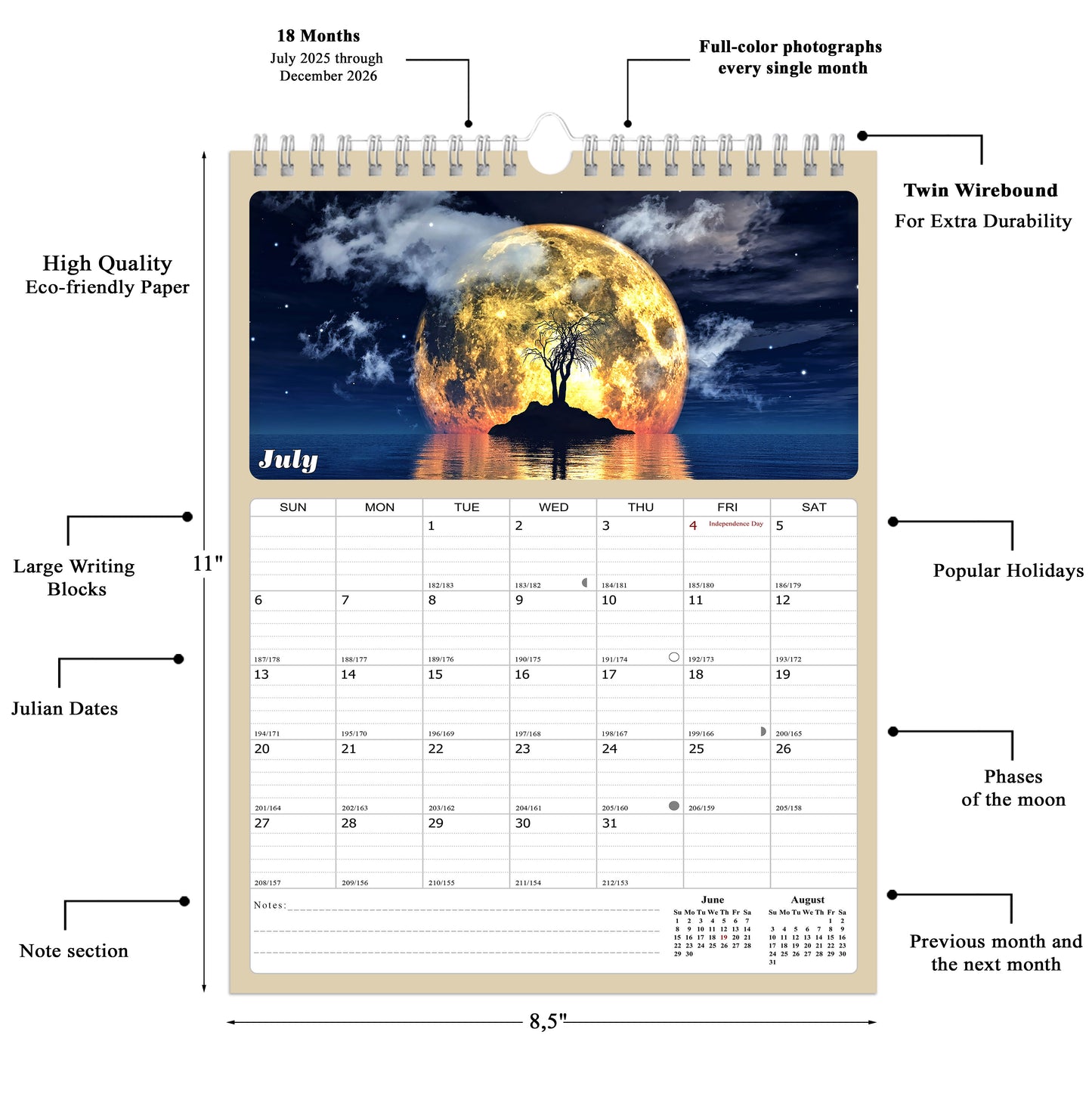2025 - 2026 Wall Calendar Spiral-bound Twin-Wire Binding - 18 Months Planner - Large Ruled Blocks with Julian Dates - (Lunar)