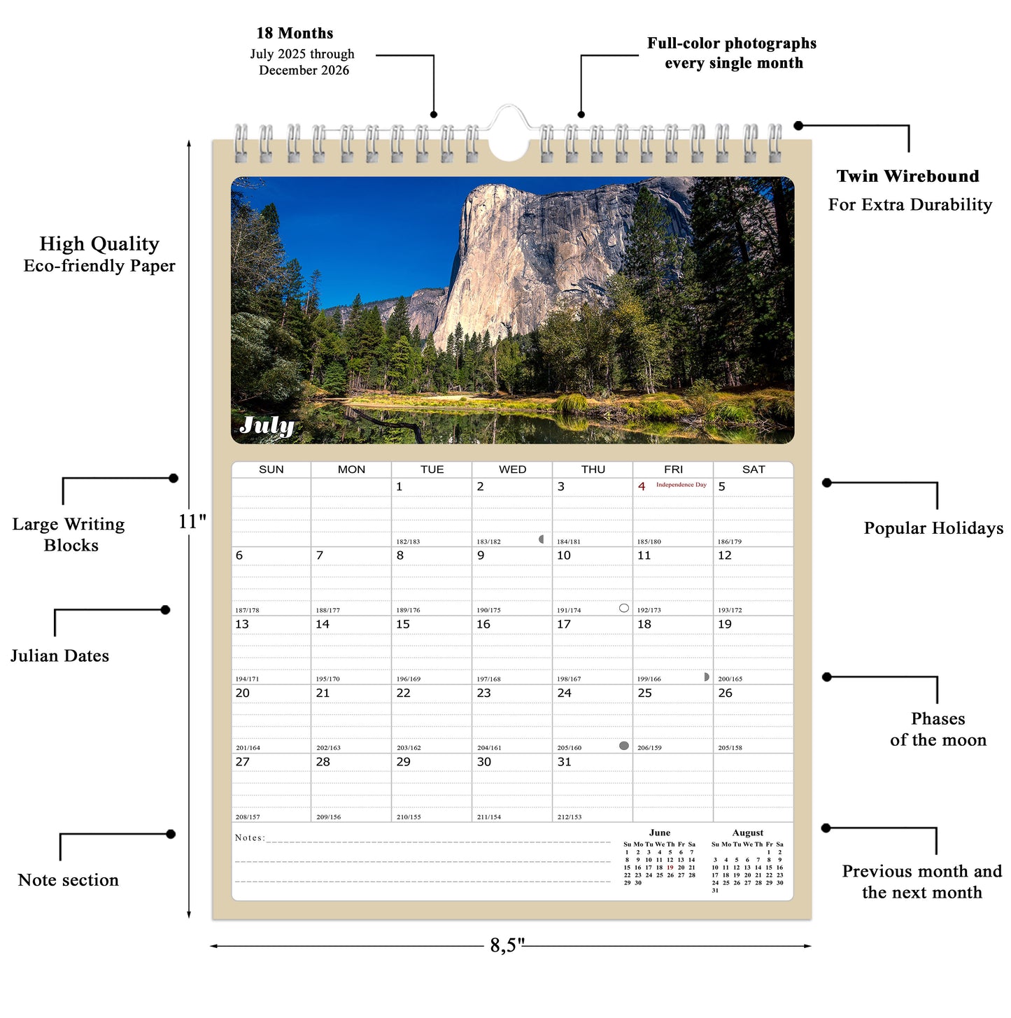 2025 - 2026 Wall Calendar Spiral-bound Twin-Wire Binding - 18 Months Planner - Large Ruled Blocks with Julian Dates - (Outdoors)