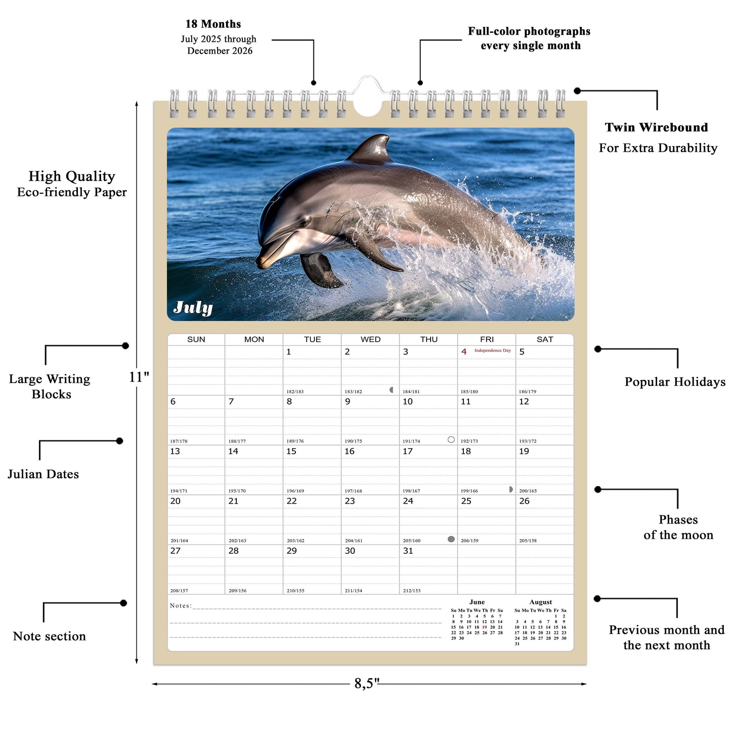 2025 - 2026 Wall Calendar Spiral-bound Twin-Wire Binding - 18 Months Planner - Large Ruled Blocks with Julian Dates - (Dolphins)