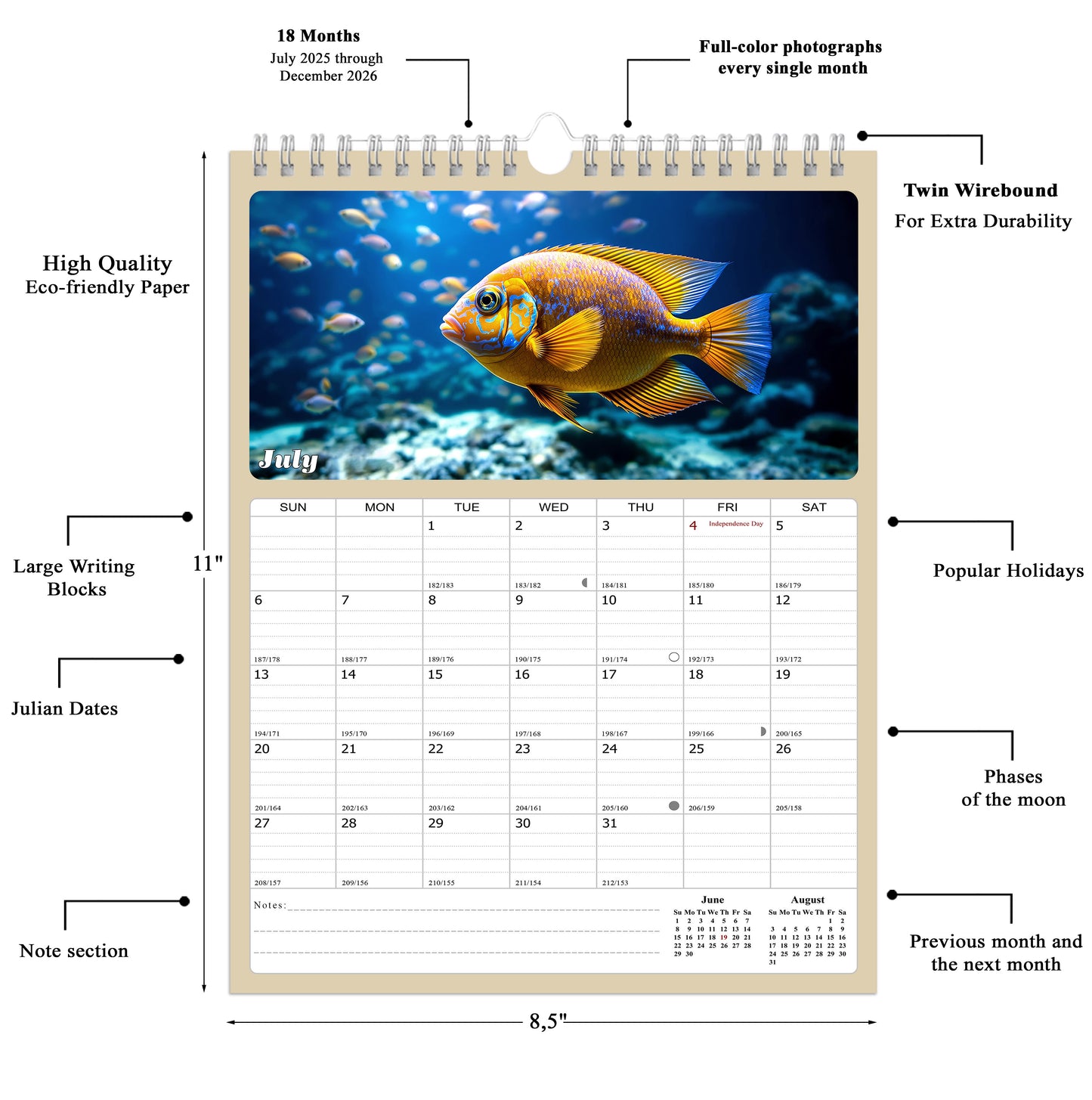 2025 - 2026 Wall Calendar Spiral-bound Twin-Wire Binding - 18 Months Planner - Large Ruled Blocks with Julian Dates - (Tropical Fishes)