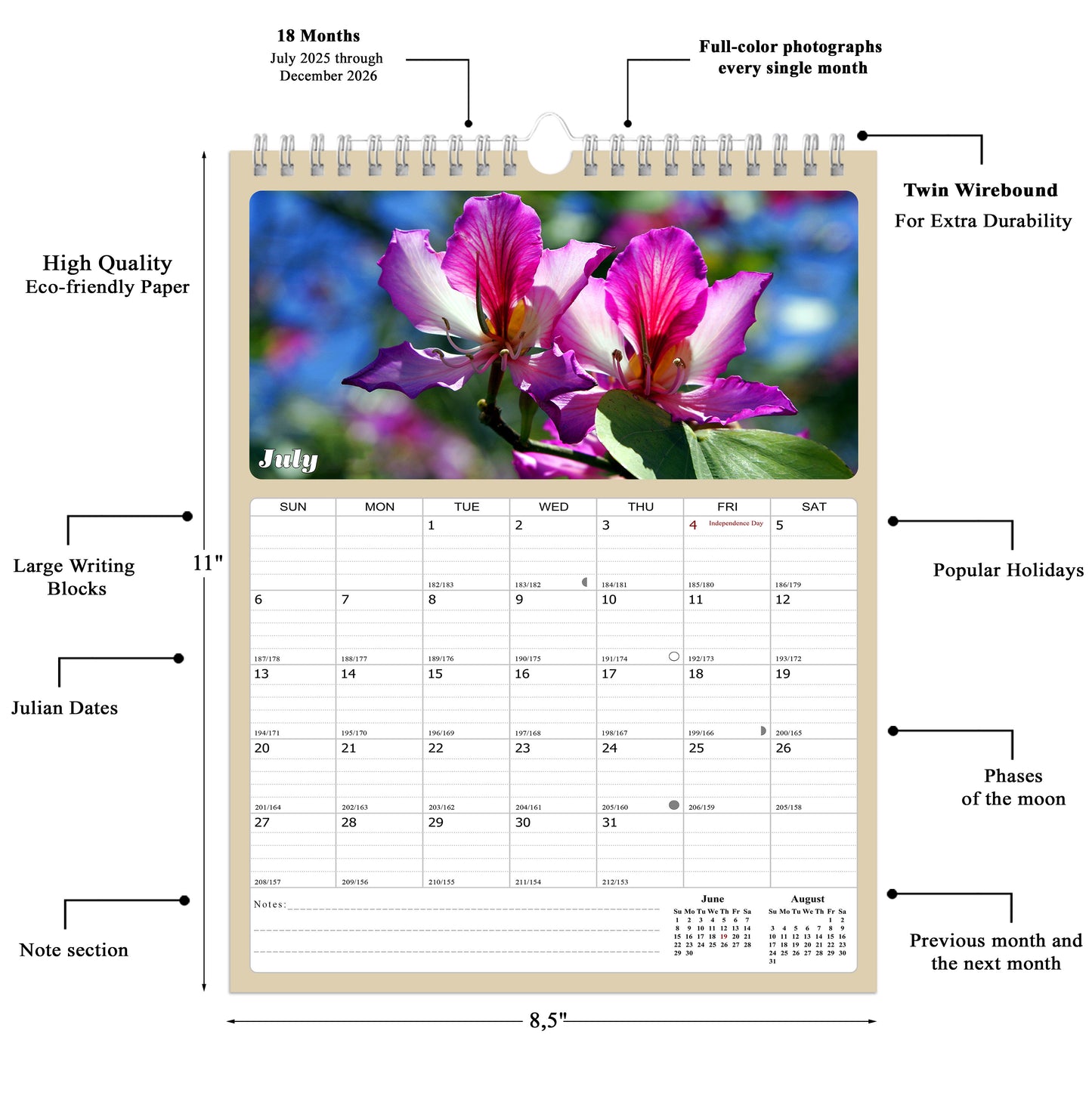 2025 - 2026 Wall Calendar Spiral-bound Twin-Wire Binding - 18 Months Planner - Large Ruled Blocks with Julian Dates - (Flowers)
