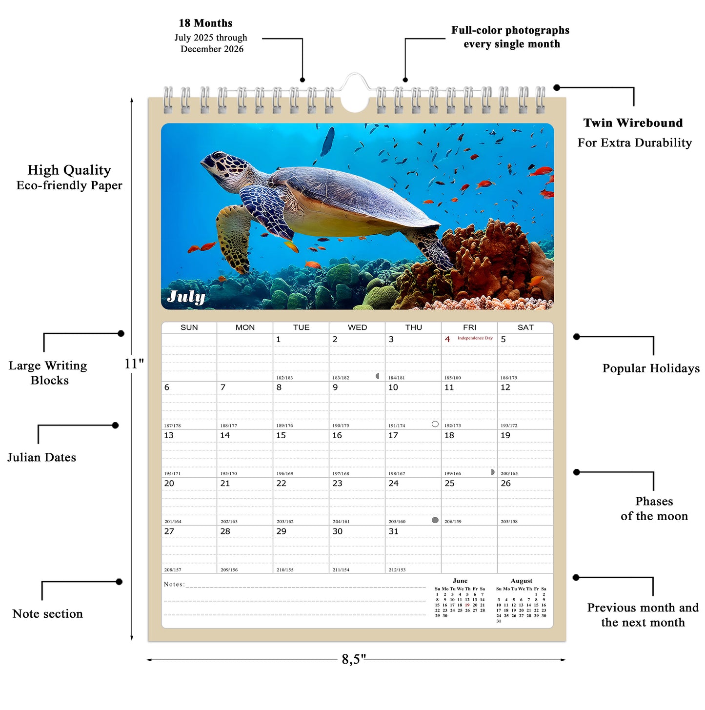 2025 - 2026 Wall Calendar Spiral-bound Twin-Wire Binding - 18 Months Planner - Large Ruled Blocks with Julian Dates - (Turtles)