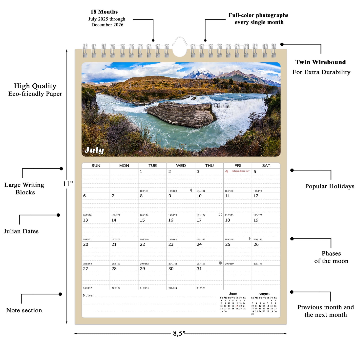 2025 - 2026 Wall Calendar Spiral-bound Twin-Wire Binding - 18 Months Planner - Large Ruled Blocks with Julian Dates - (National Parks)