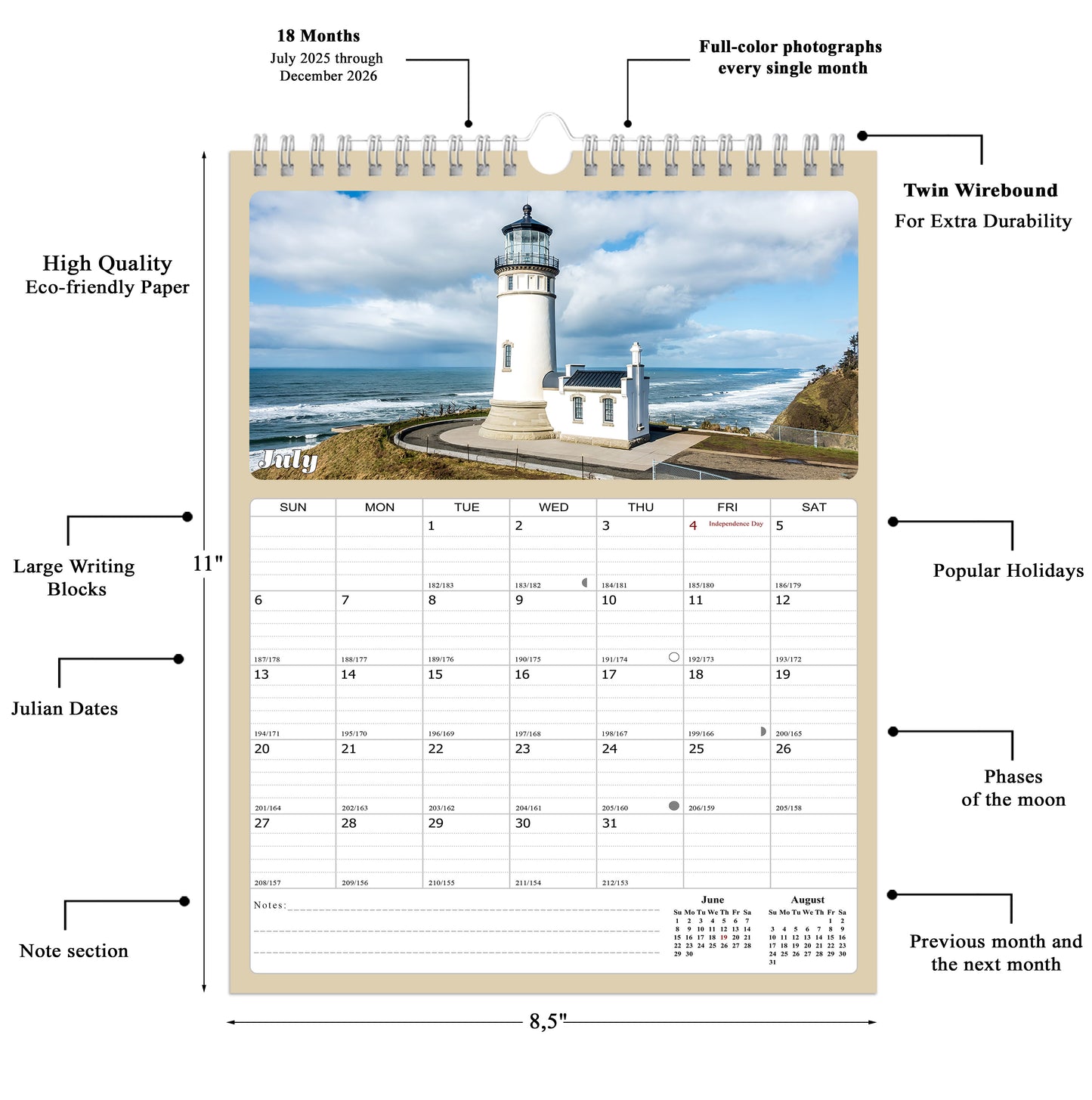 2025 - 2026 Wall Calendar Spiral-bound Twin-Wire Binding - 18 Months Planner - Large Ruled Blocks with Julian Dates - (Lighthouses)