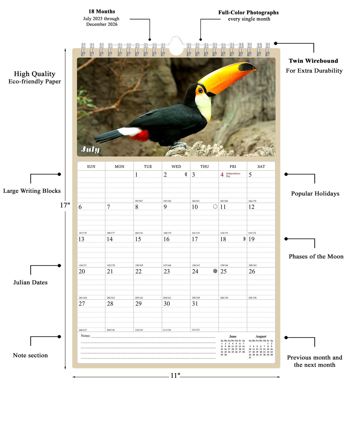 2025 - 2026 Wall Calendar Spiral-bound Twin-Wire Binding - 18 Months Planner - Large Ruled Blocks with Julian Dates - (Birds)