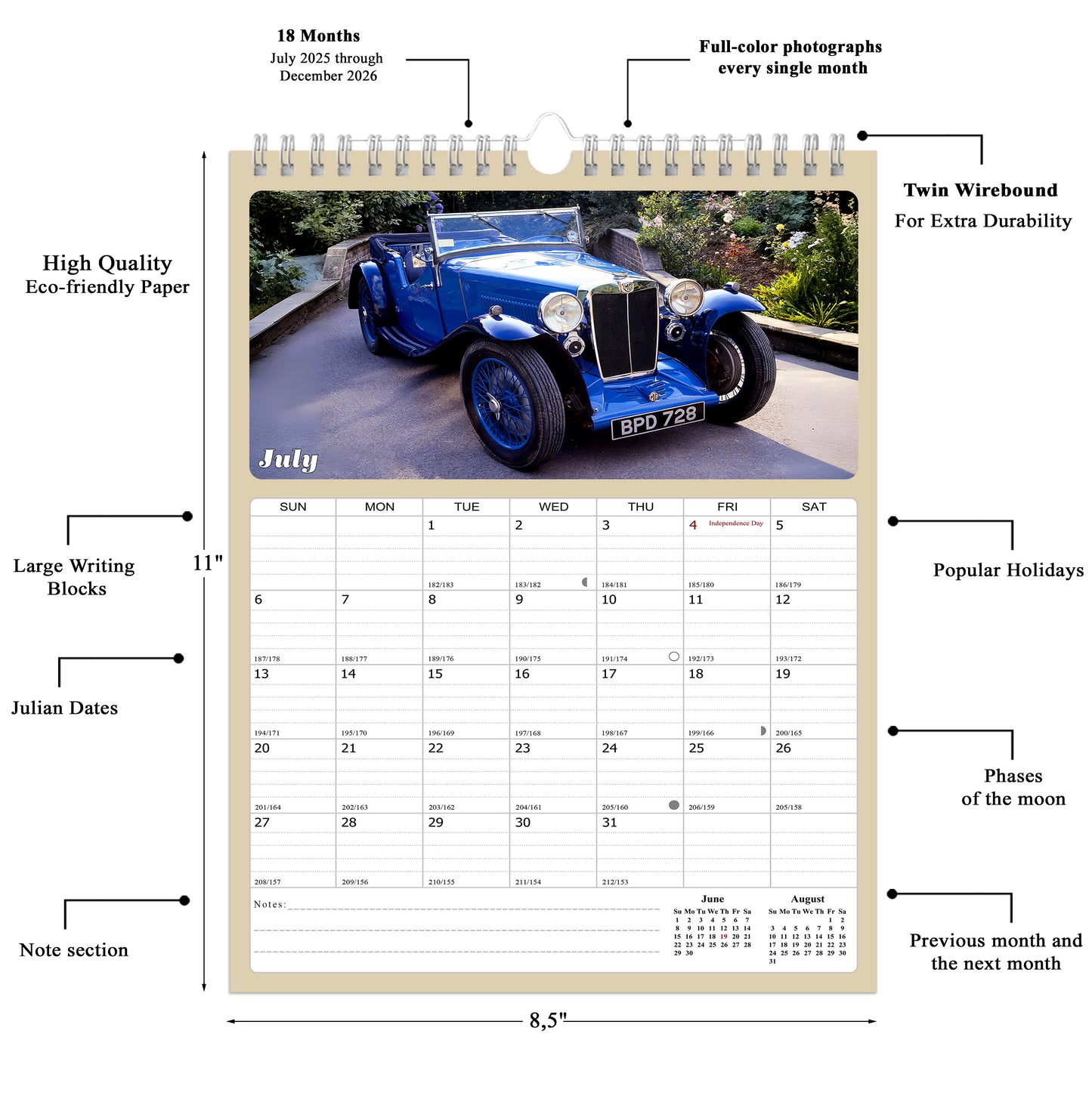 2025 - 2026 Wall Calendar Spiral-bound Twin-Wire Binding - 18 Months Planner - Large Ruled Blocks with Julian Dates - (Classic Cars)