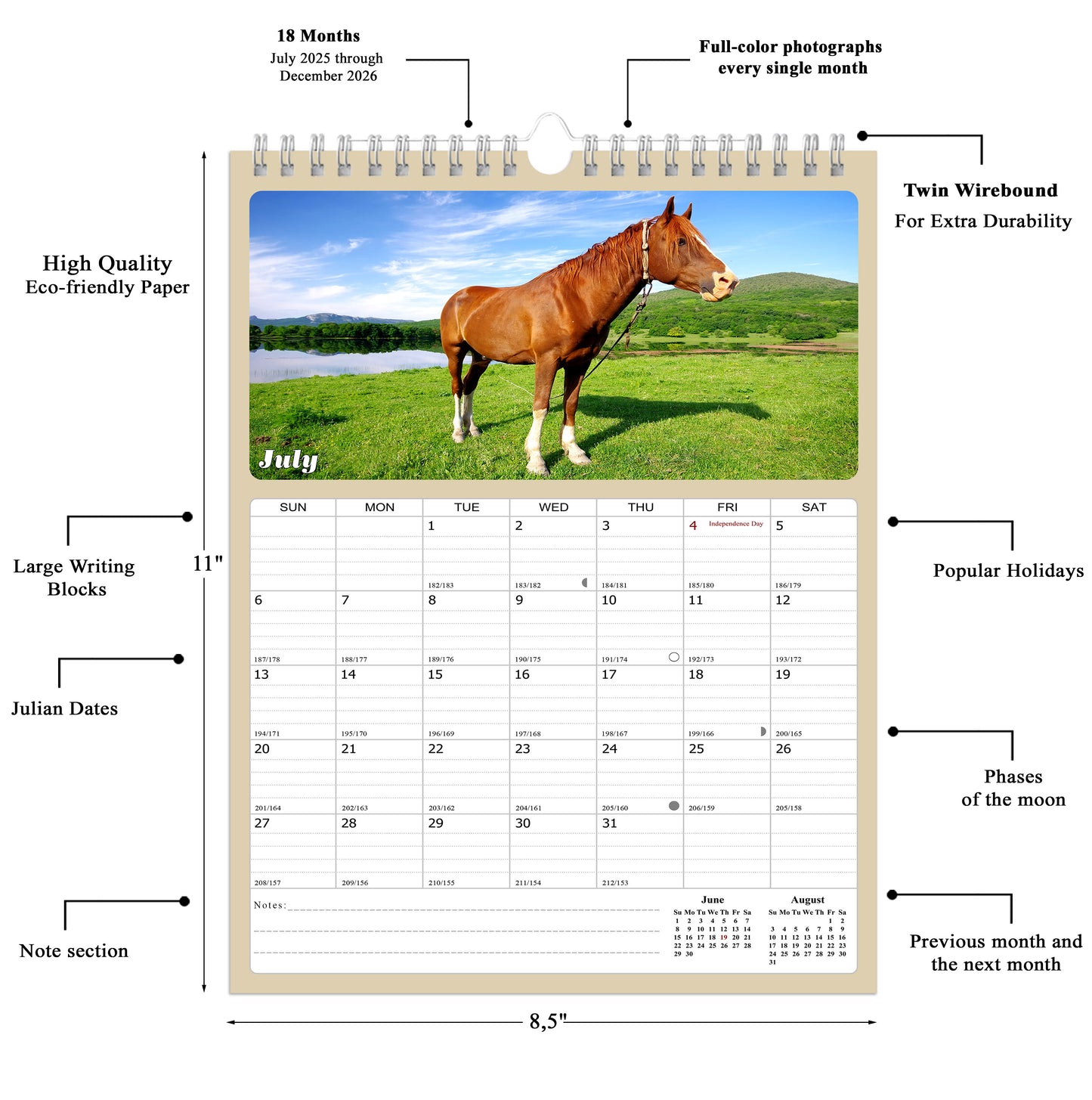 2025 - 2026 Wall Calendar Spiral-bound Twin-Wire Binding - 18 Months Planner - Large Ruled Blocks with Julian Dates - (Horses)