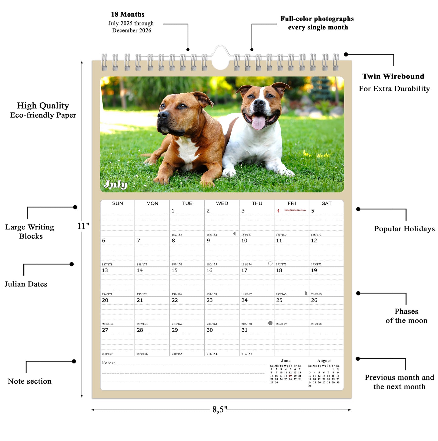 2025 - 2026 Wall Calendar Spiral-bound Twin-Wire Binding - 18 Months Planner - Large Ruled Blocks with Julian Dates - (Dogs)