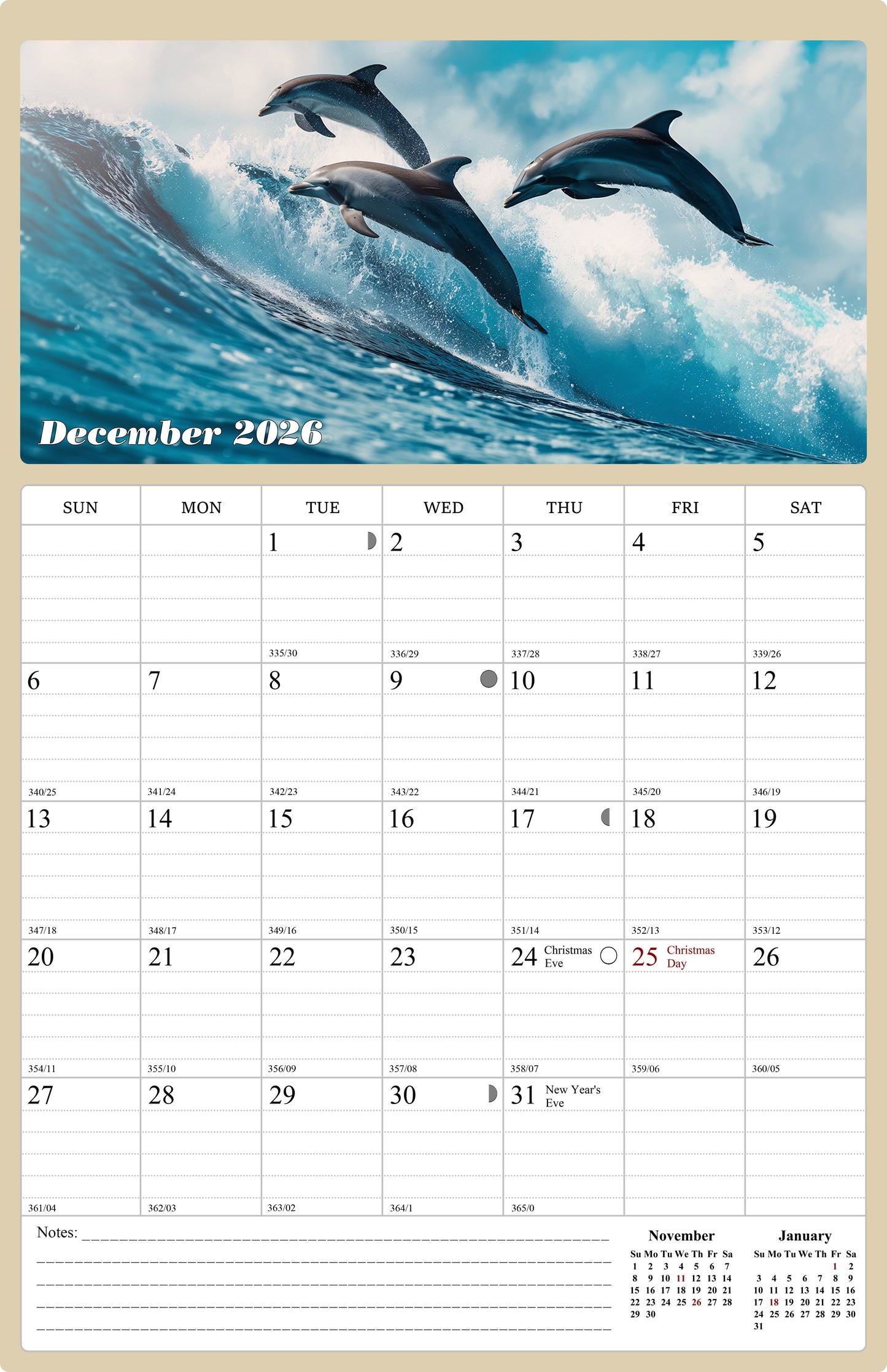 2025 - 2026 Wall Calendar Spiral-bound Twin - 18 Months (Dolphins) 11" x 17"