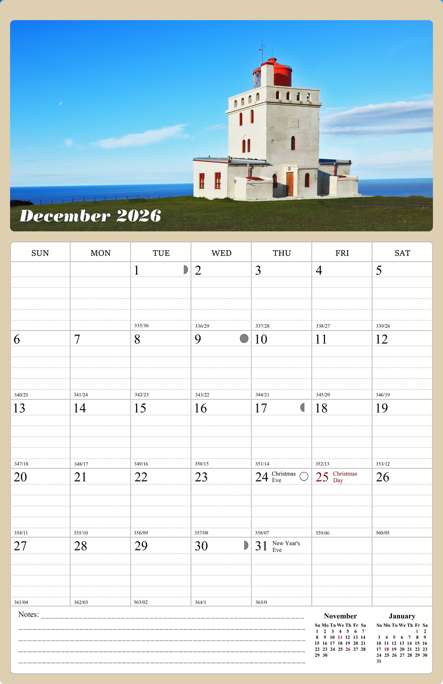 2025 - 2026 Wall Calendar Spiral-bound Twin - 18 Months (Lighthouses) 11" x 17"