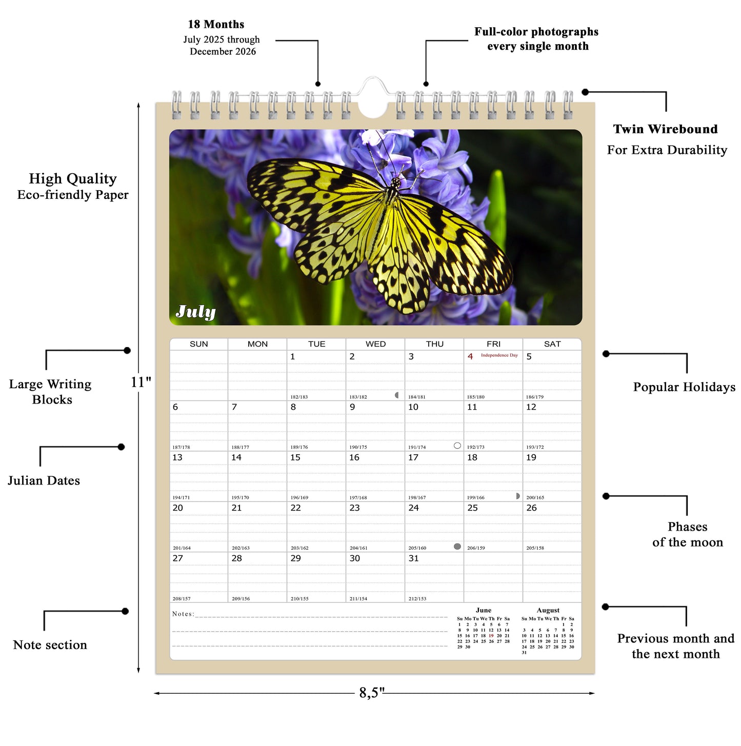2025 - 2026 Wall Calendar Spiral-bound Twin-Wire Binding - 18 Months Planner - Large Ruled Blocks with Julian Dates - (Buterflyes)