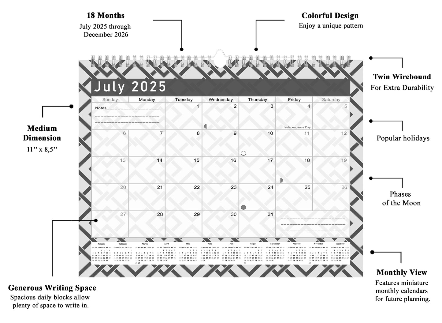2025-2026 Monthly Spiral-Bound Wall/Desk Calendar - Desktop/Wall Blotter Calendar/Planner - (Edition Geometric B&W #04)