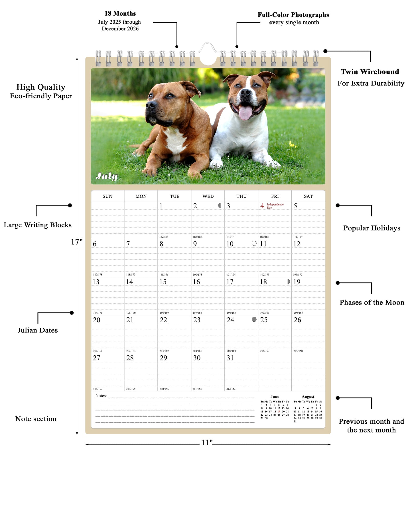 2025 - 2026 Wall Calendar Spiral-bound Twin-Wire Binding - 18 Months Planner - Large Ruled Blocks with Julian Dates - (Dogs)