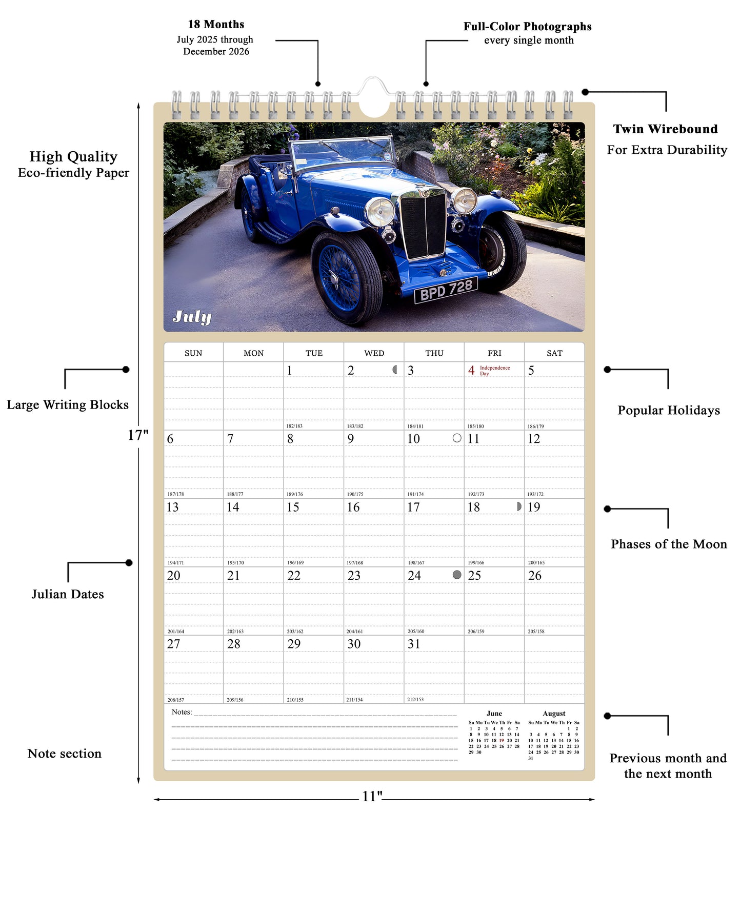 2025 - 2026 Wall Calendar Spiral-bound Twin-Wire Binding - 18 Months Planner - Large Ruled Blocks with Julian Dates - (Classic Cars)