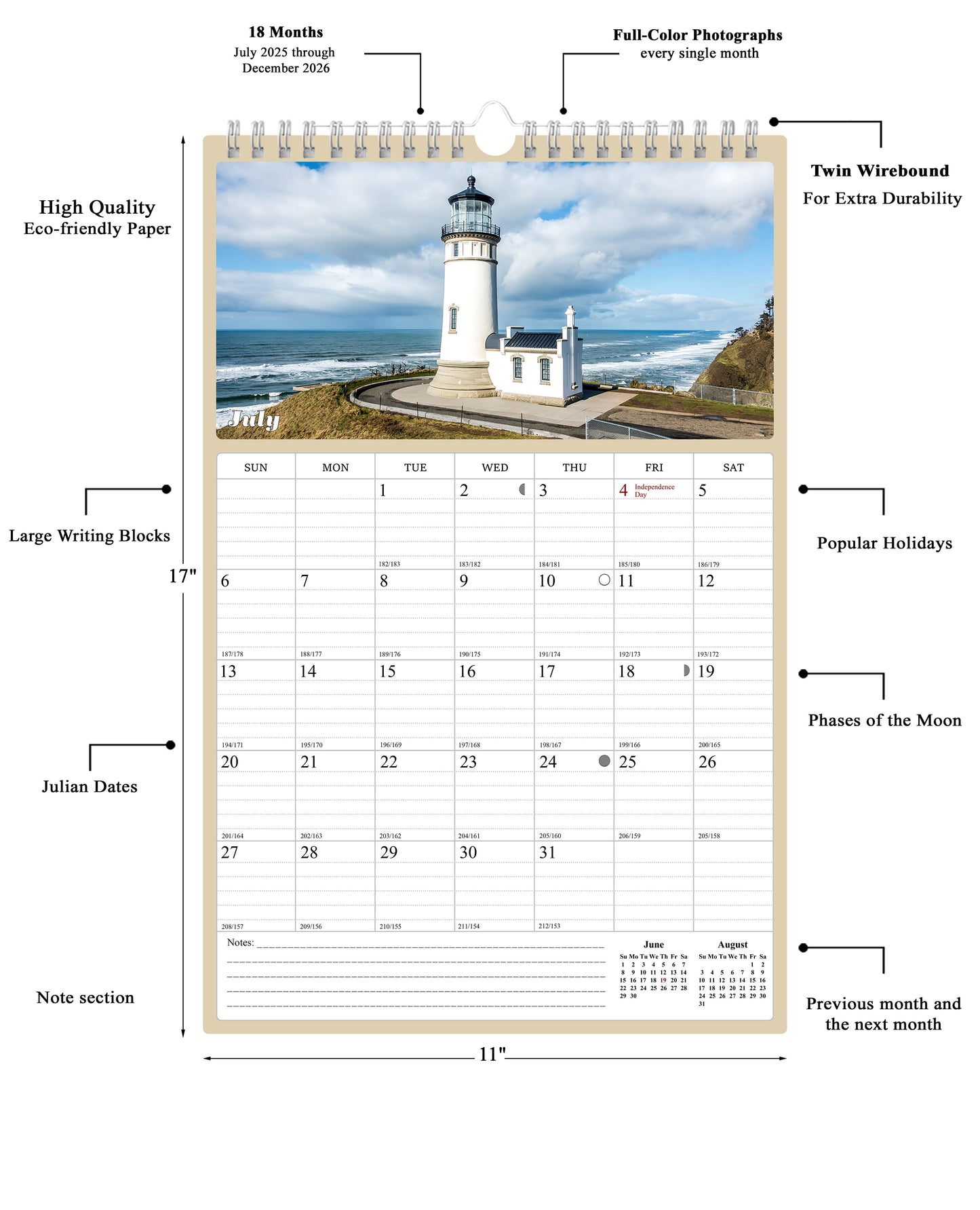 2025 - 2026 Wall Calendar Spiral-bound Twin-Wire Binding - 18 Months Planner - Large Ruled Blocks with Julian Dates - (Lighthouses)