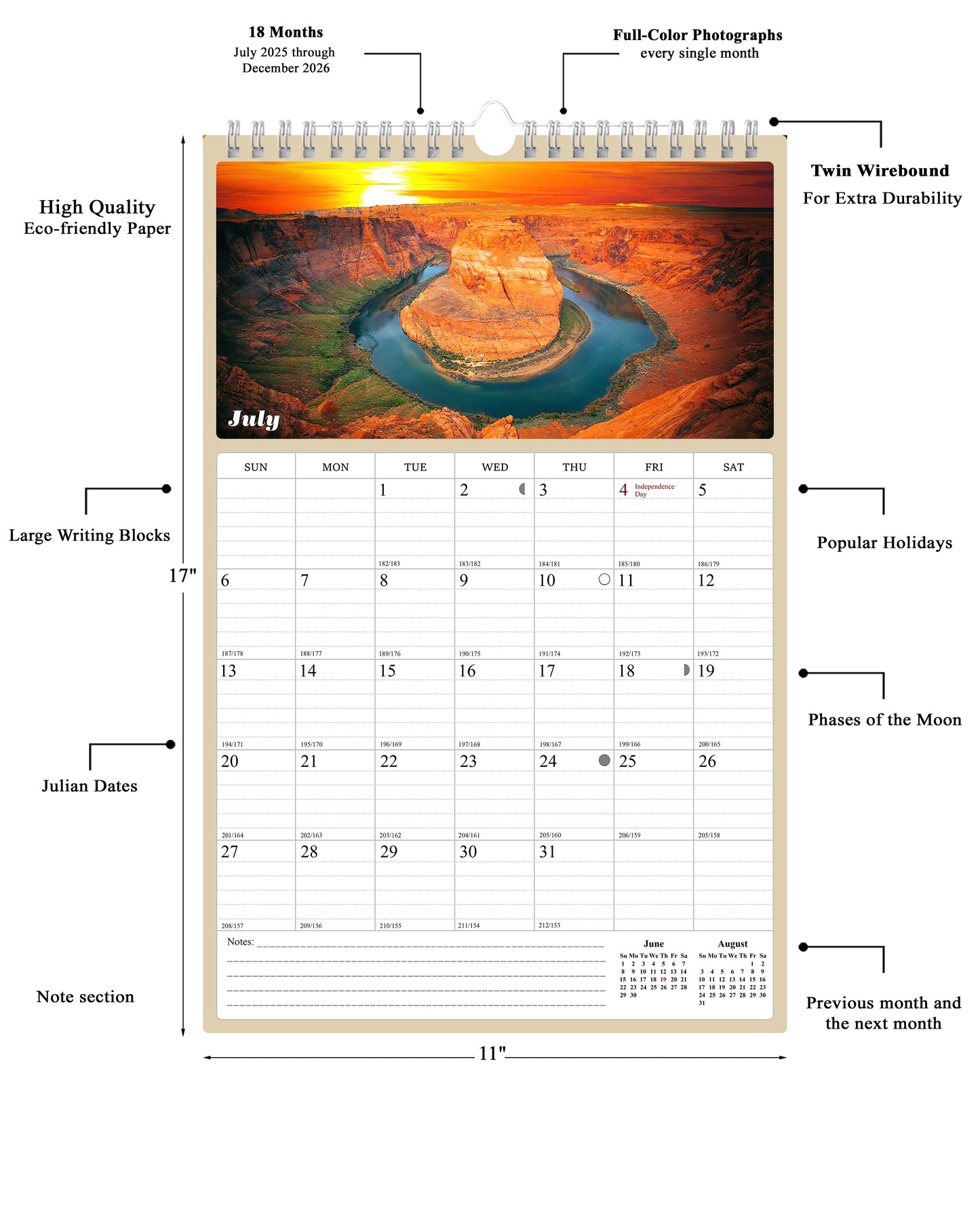 2025 - 2026 Wall Calendar Spiral-bound Twin-Wire Binding - 18 Months Planner - Large Ruled Blocks with Julian Dates - (Sunset&Sunrise)